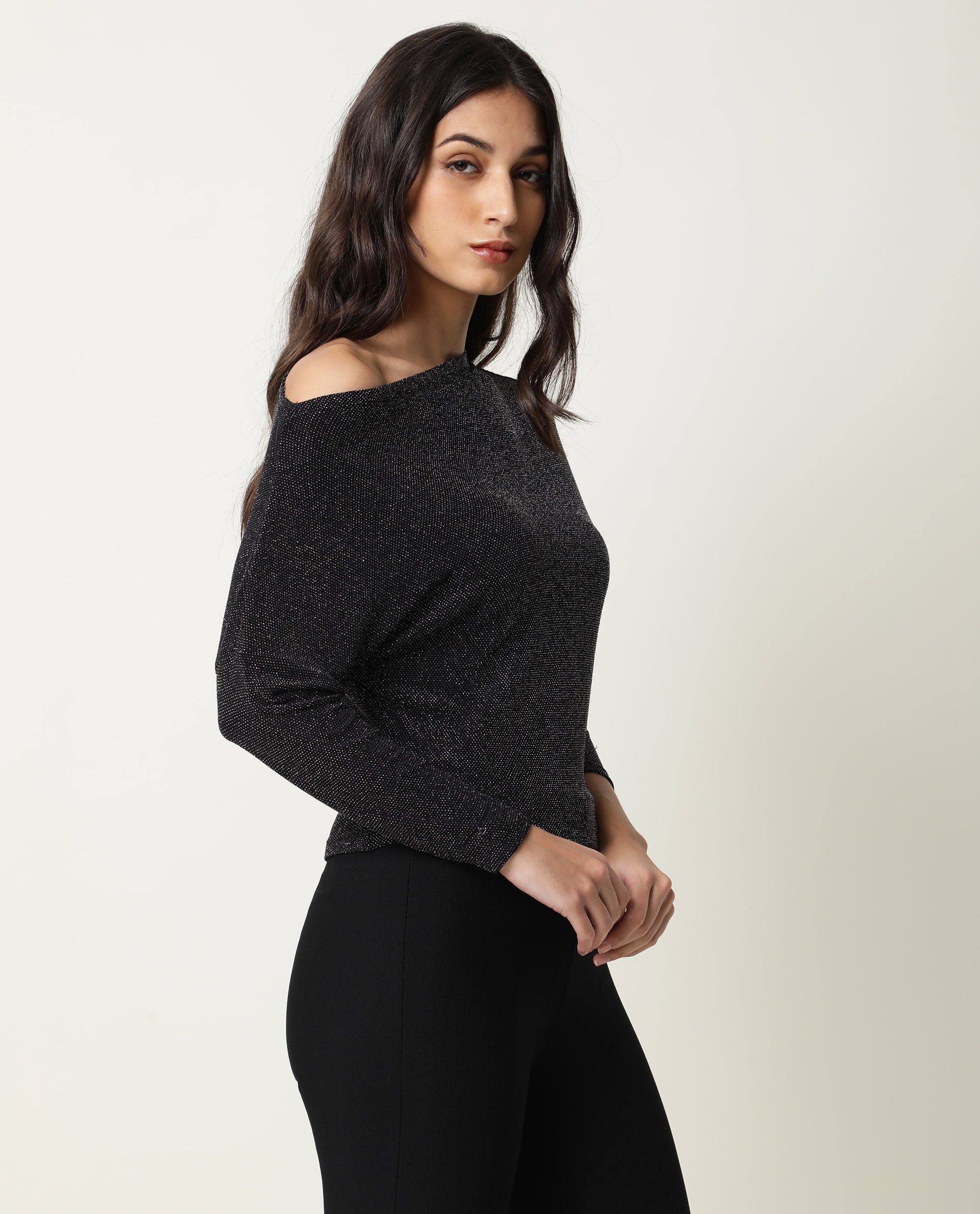 Rareism Women Freys Black Top Nylon Fabric Full Sleeves Solid