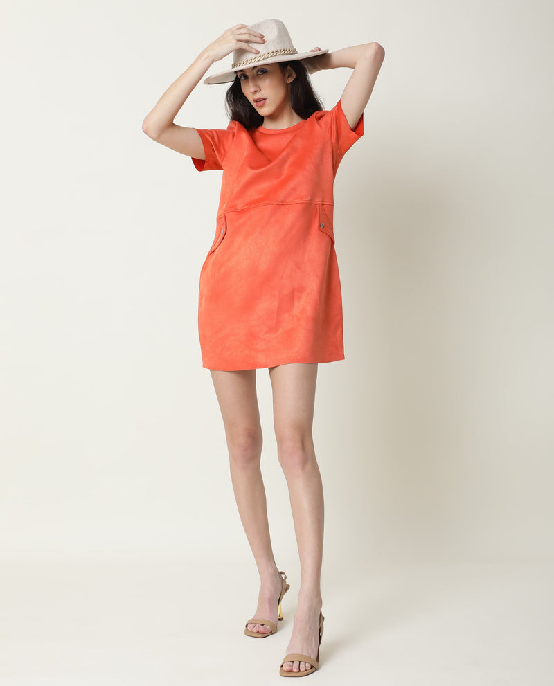 Rareism Women Sions Orange Round Neck Short Sleeves Pseudo Side Pockets Mini Dress