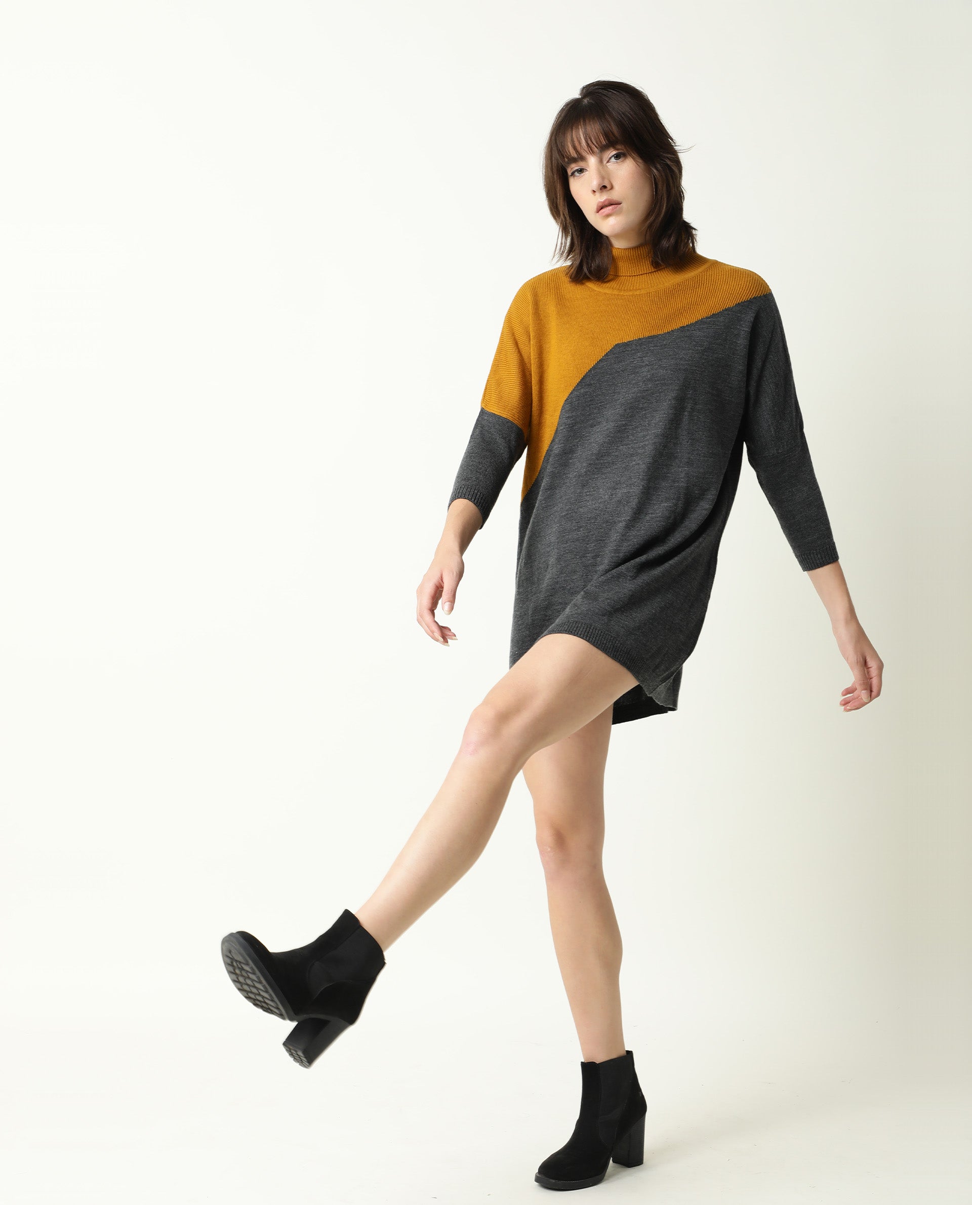 Rareism Women's Spaton Grey Acrylic High Neck Color Block Knee Length Regular Fit Sweater