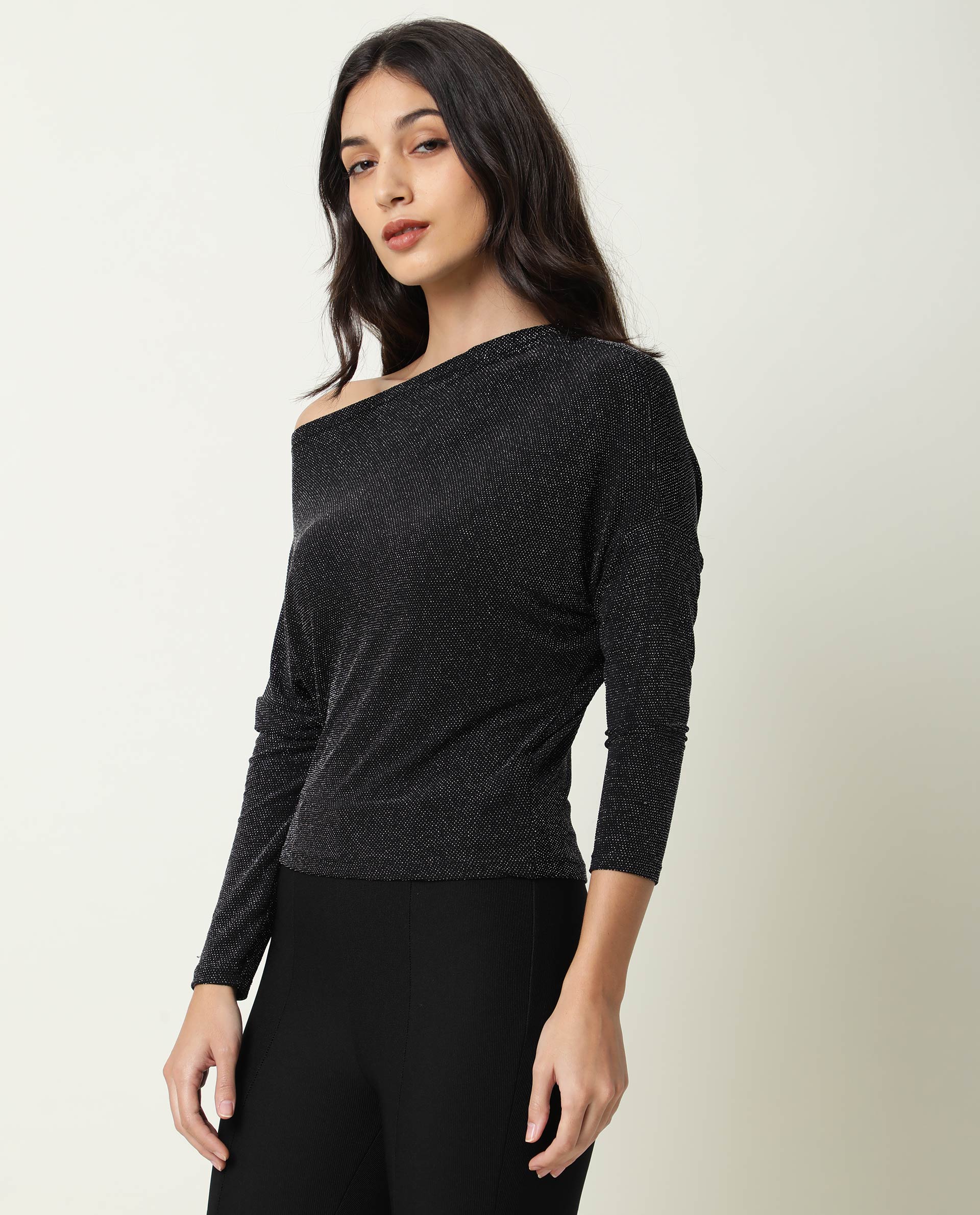 Rareism Women Freys Black Top Nylon Fabric Full Sleeves Solid
