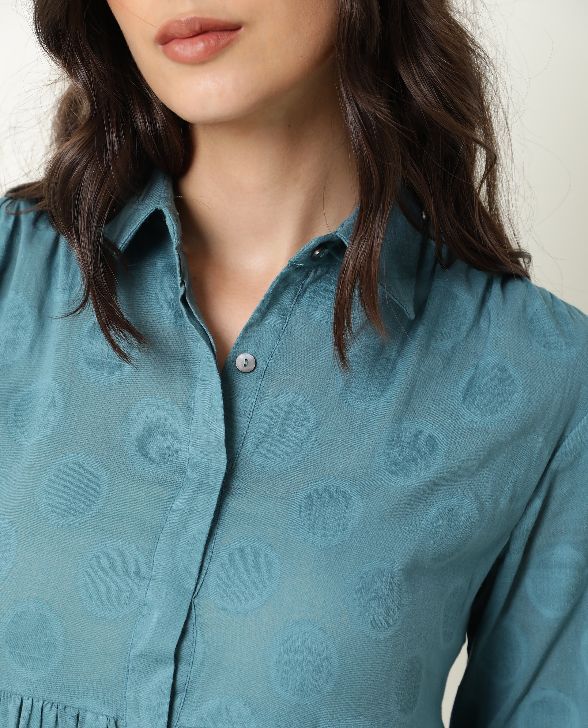 Rareism Womens Mascara Blue Dress Cotton Fabric Regular Fit 3/4 Sleeve Collared Neck