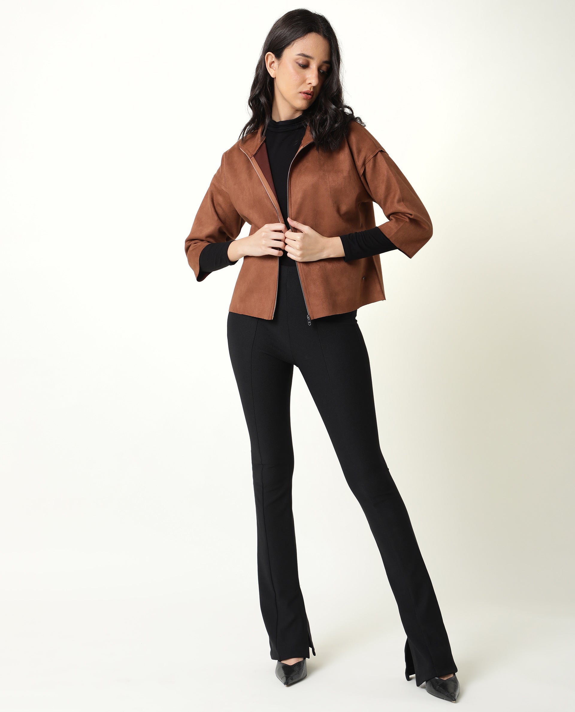Rareism Women Vasu Brown Polyester Fabric Full Sleeves Solid Collared Neck Jacket
