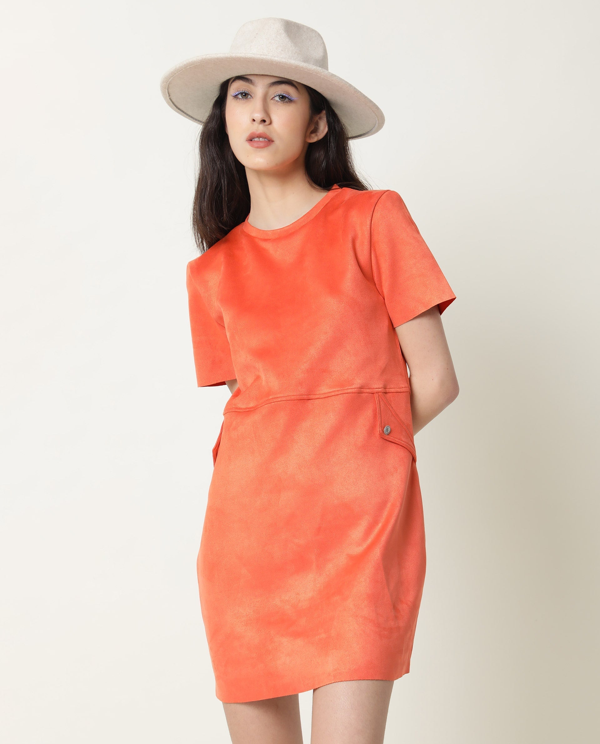 Rareism Women's Sions Orange Polyester Crew Neck Plain Knee Length Tailored Dress