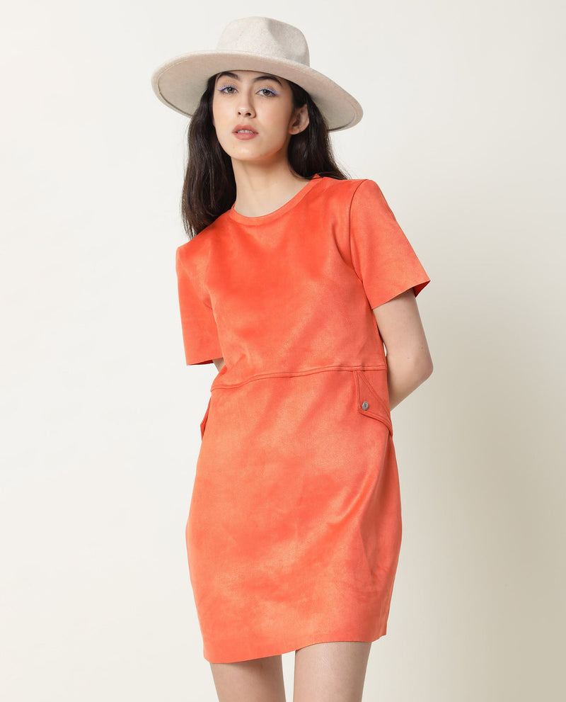 Rareism Women Sions Orange Round Neck Short Sleeves Pseudo Side Pockets Mini Dress