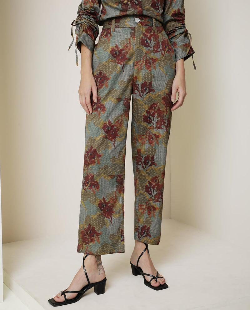 Rareism Women Milan Dark Olive Cotton Fabric Button Fly Closure Tailored Fit Floral Print Ankle Length Trousers