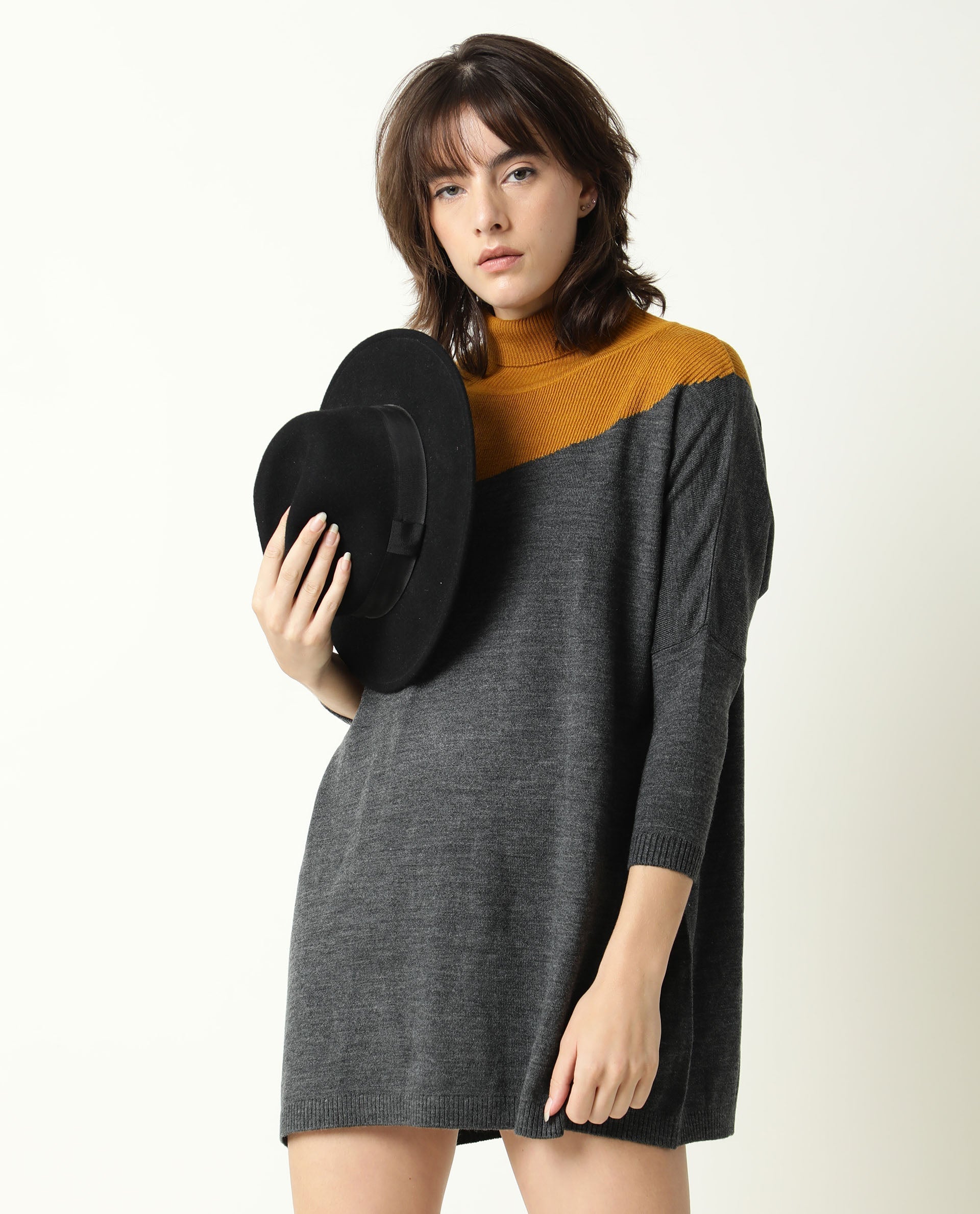 Rareism Women's Spaton Grey Acrylic High Neck Color Block Knee Length Regular Fit Sweater