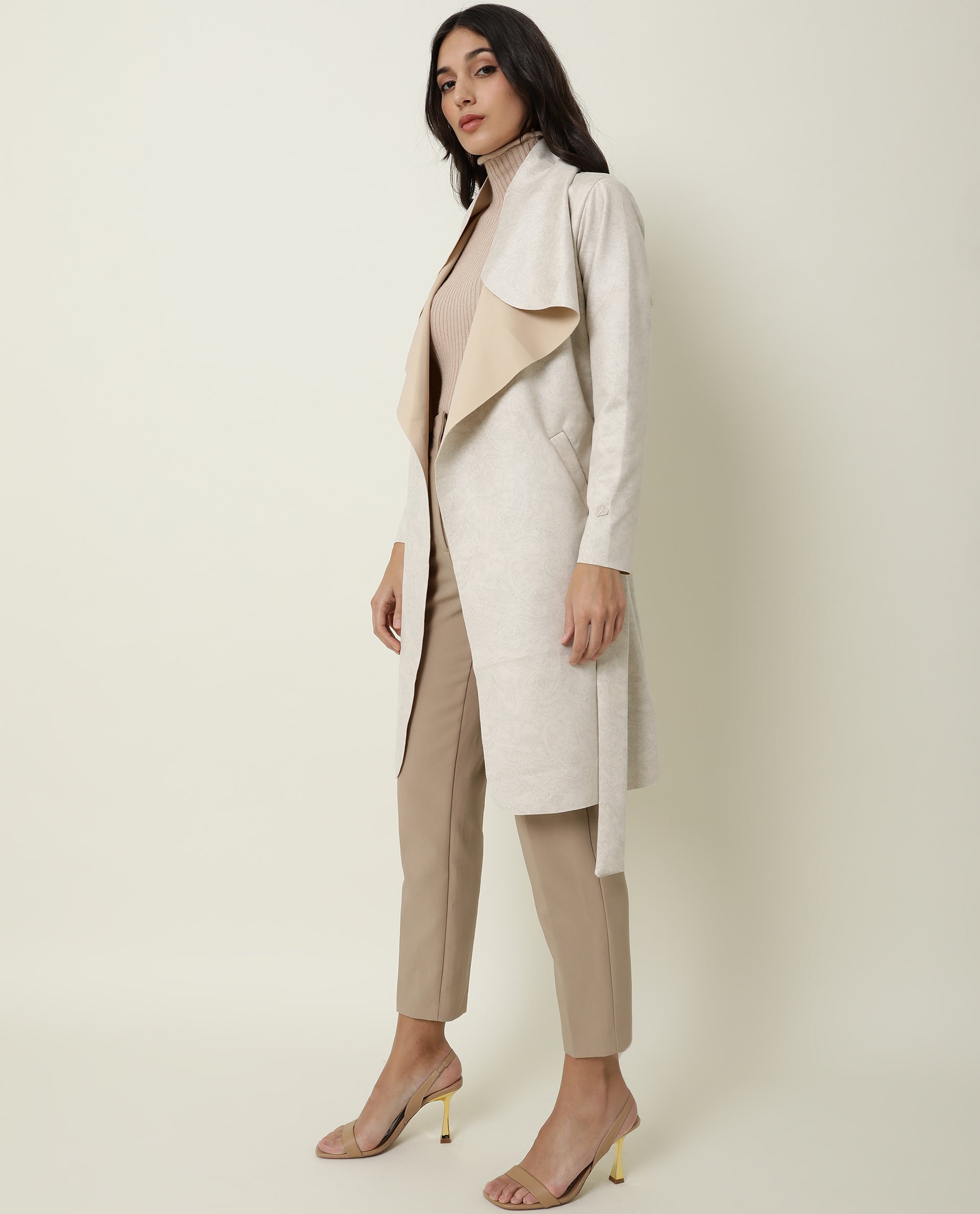 Rareism Women Palmer Beige Polyester Fabric Full Sleeves Solid Collarless Jacket