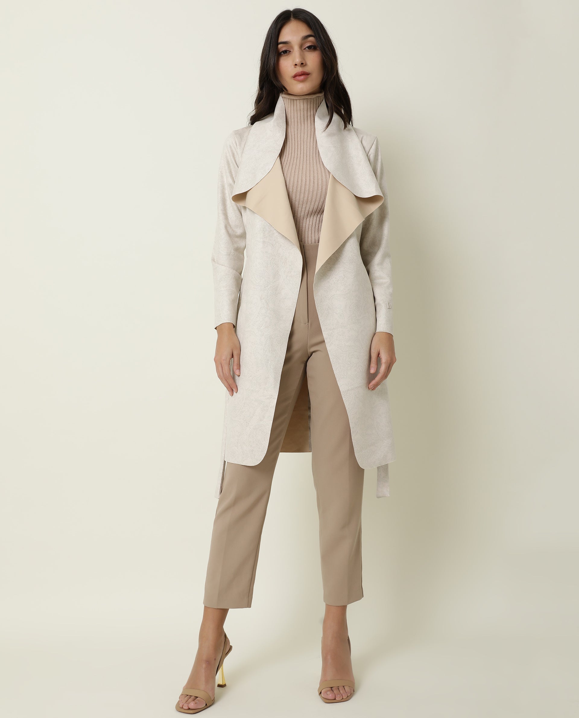 Rareism Women Palmer Beige Polyester Fabric Full Sleeves Solid Collarless Jacket