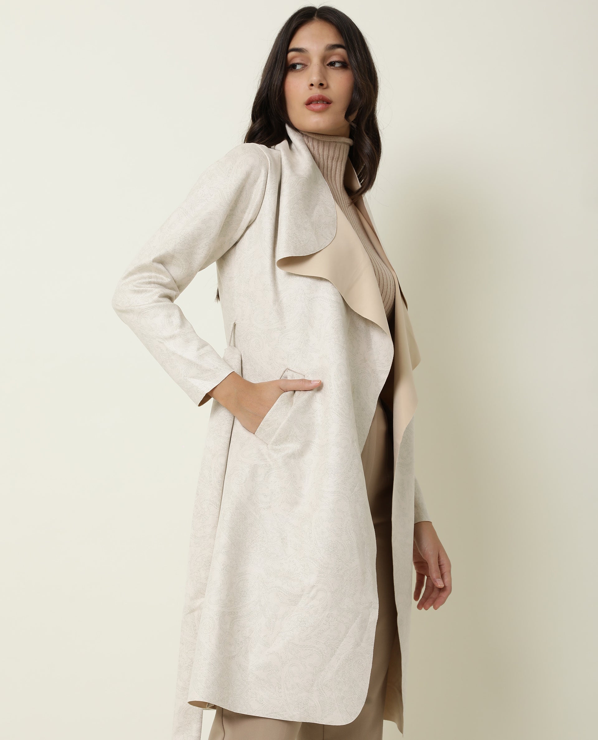 Rareism Women Palmer Beige Polyester Fabric Full Sleeves Solid Collarless Jacket