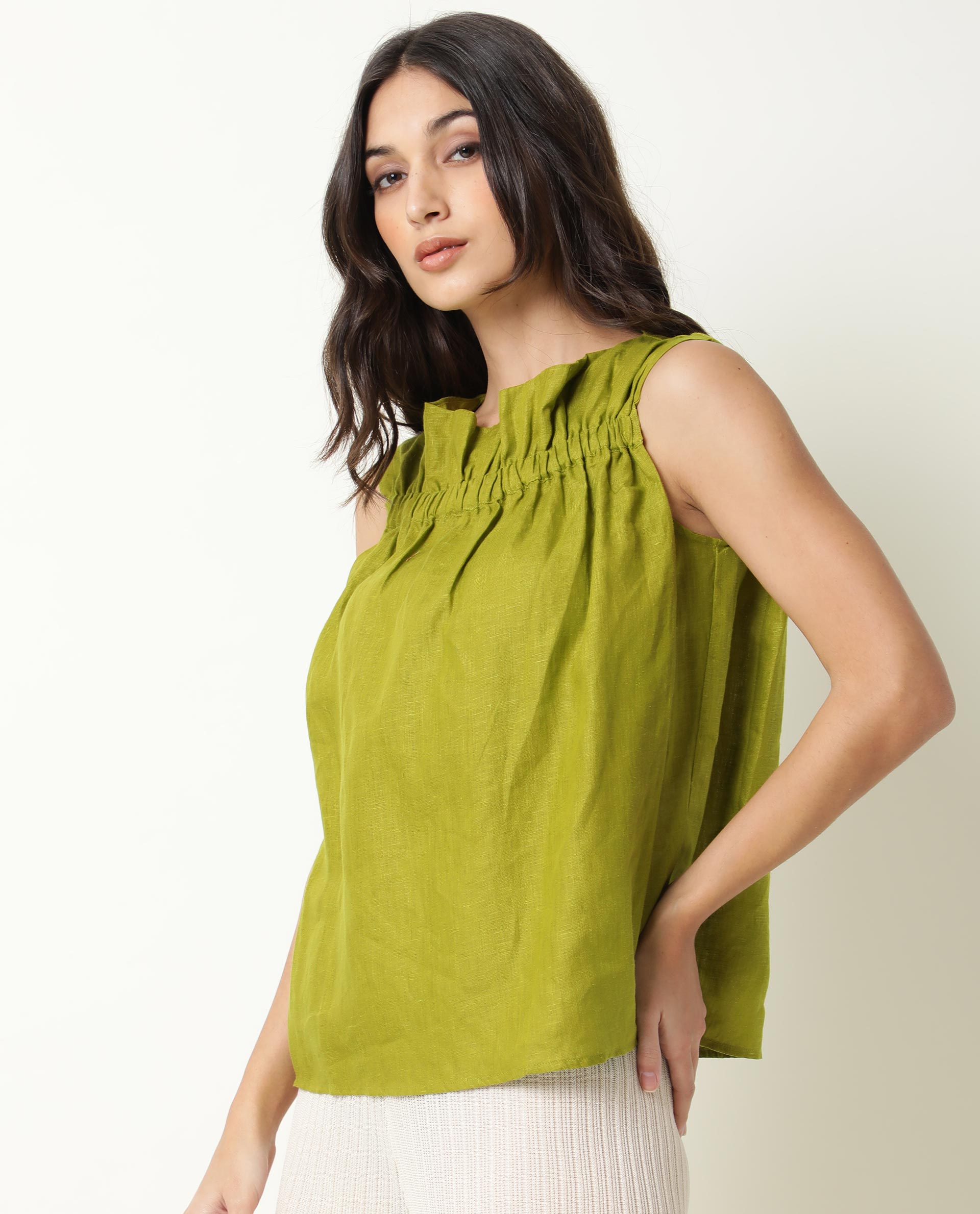 Rareism Womens Flash Green Top Cotton Linen Fabric Regular Fit Sleeveless Ruffled Neck