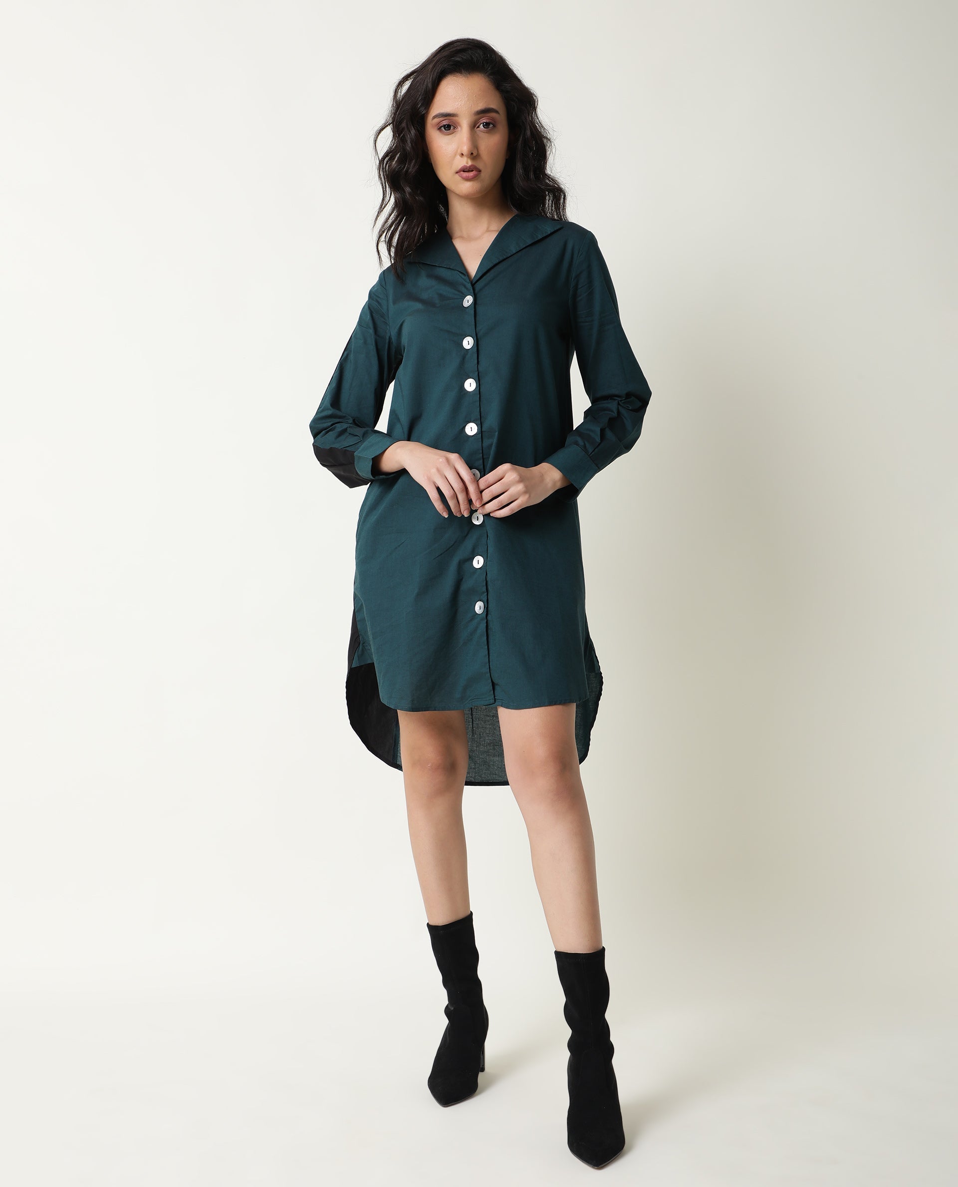 Rareism Women's Tally Petrol V-Neck Plain Knee Length Regular Fit Dress