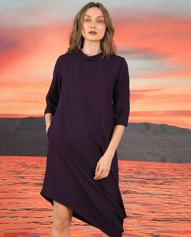 Rareism Women Sullivan Purple High Neck 3/4 Sleeves With Back Zip Closure And Pockets Asymmetric High Low Midi Dress