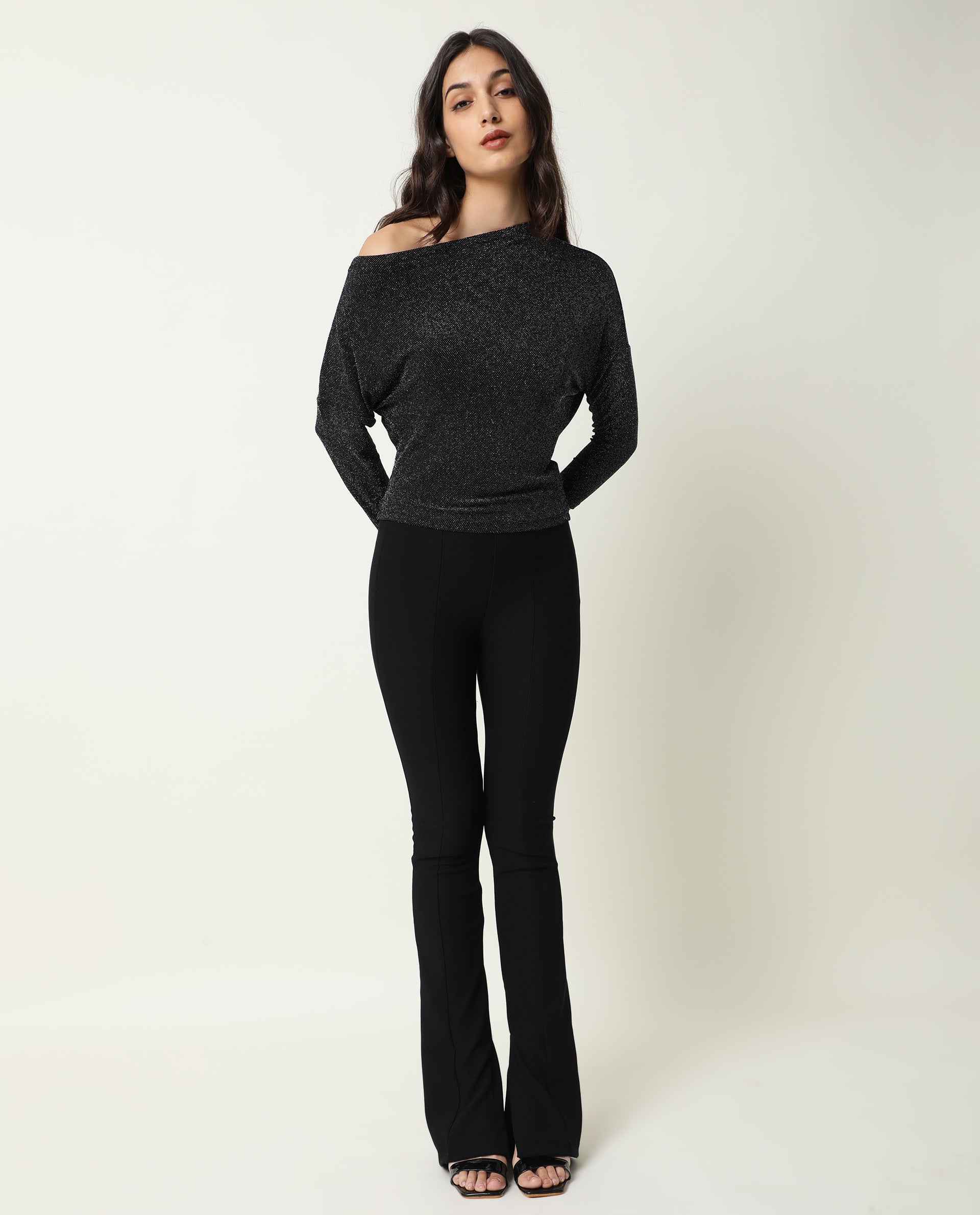 Rareism Women Freys Black Top Nylon Fabric Full Sleeves Solid