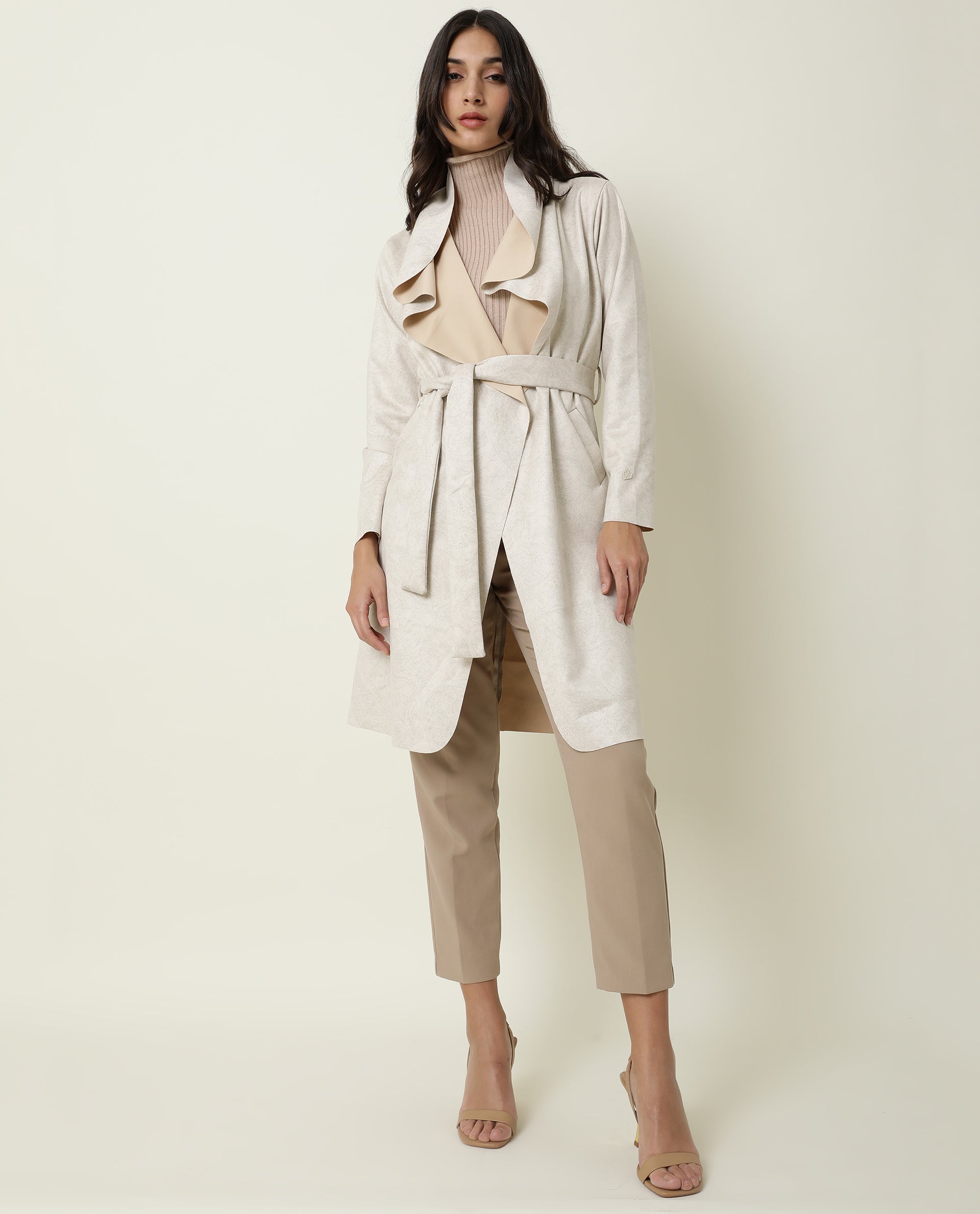 Rareism Women Palmer Beige Polyester Fabric Full Sleeves Solid Collarless Jacket