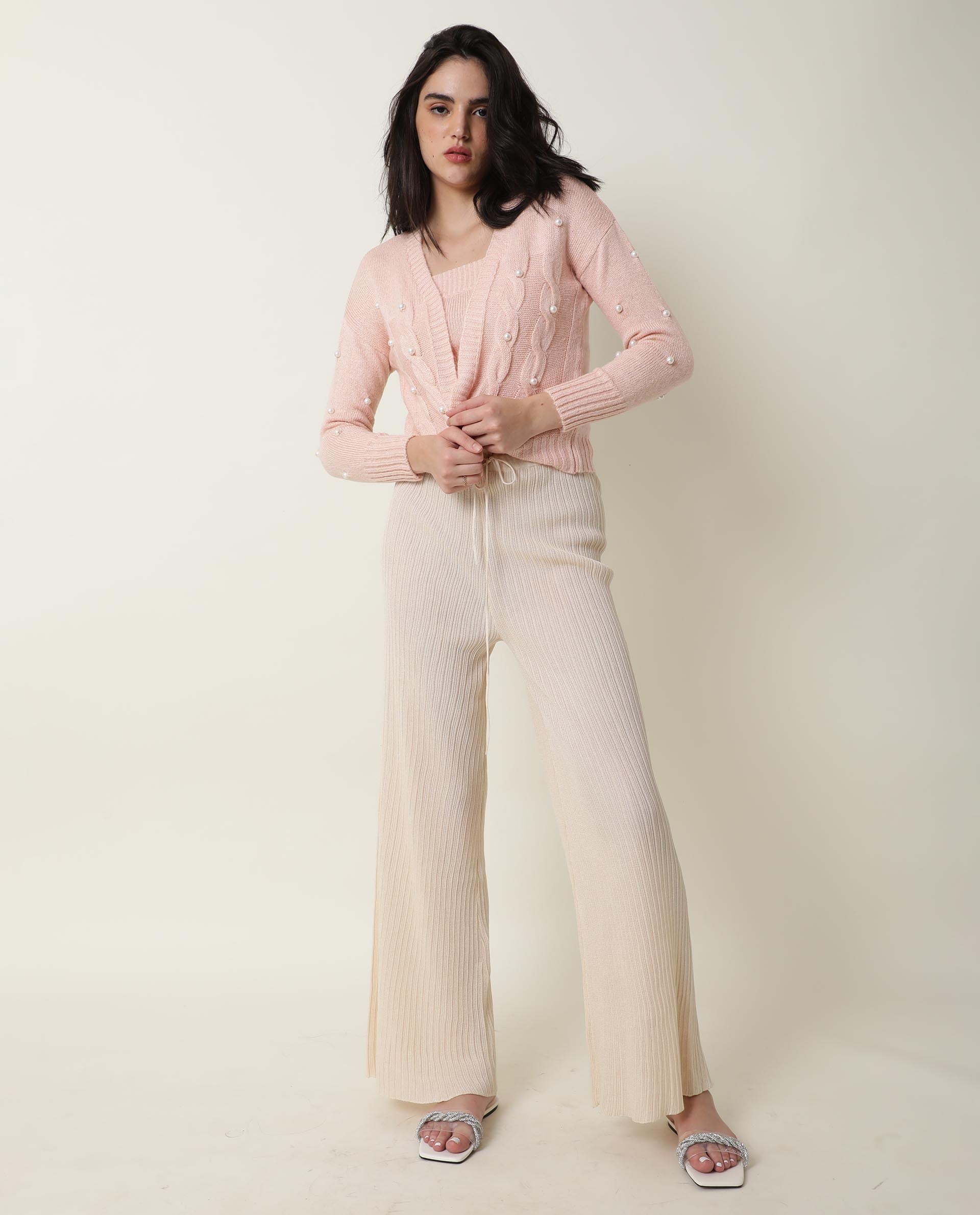Rareism Women Tunnel Light Pink Viscose Fabric Full Sleeves Regular Fit Solid Collarless Sweater