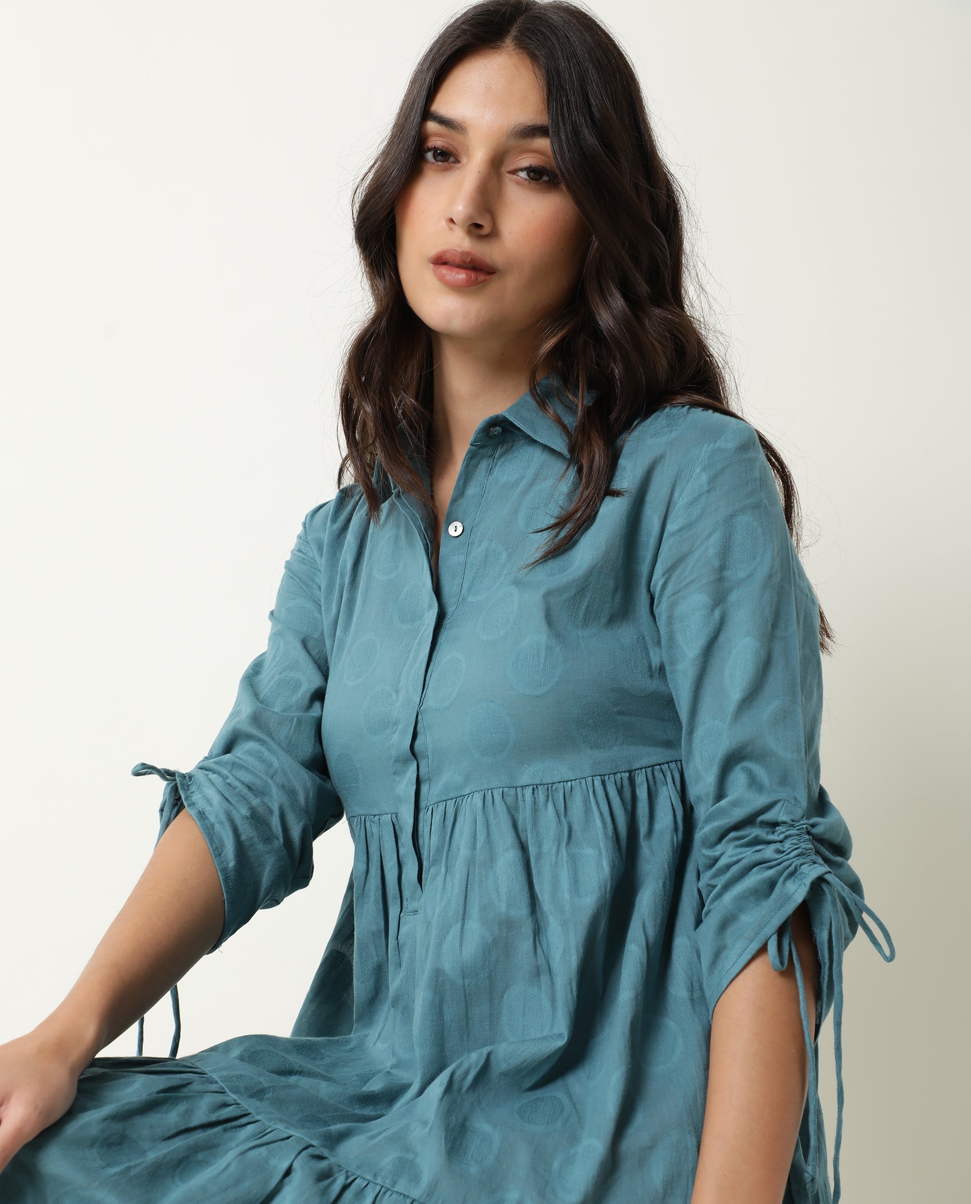 Rareism Womens Mascara Blue Dress Cotton Fabric Regular Fit 3/4 Sleeve Collared Neck