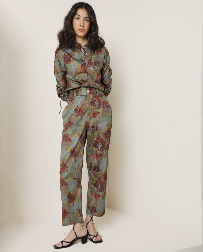 Rareism Women Milan Dark Olive Cotton Fabric Button Fly Closure Tailored Fit Floral Print Ankle Length Trousers