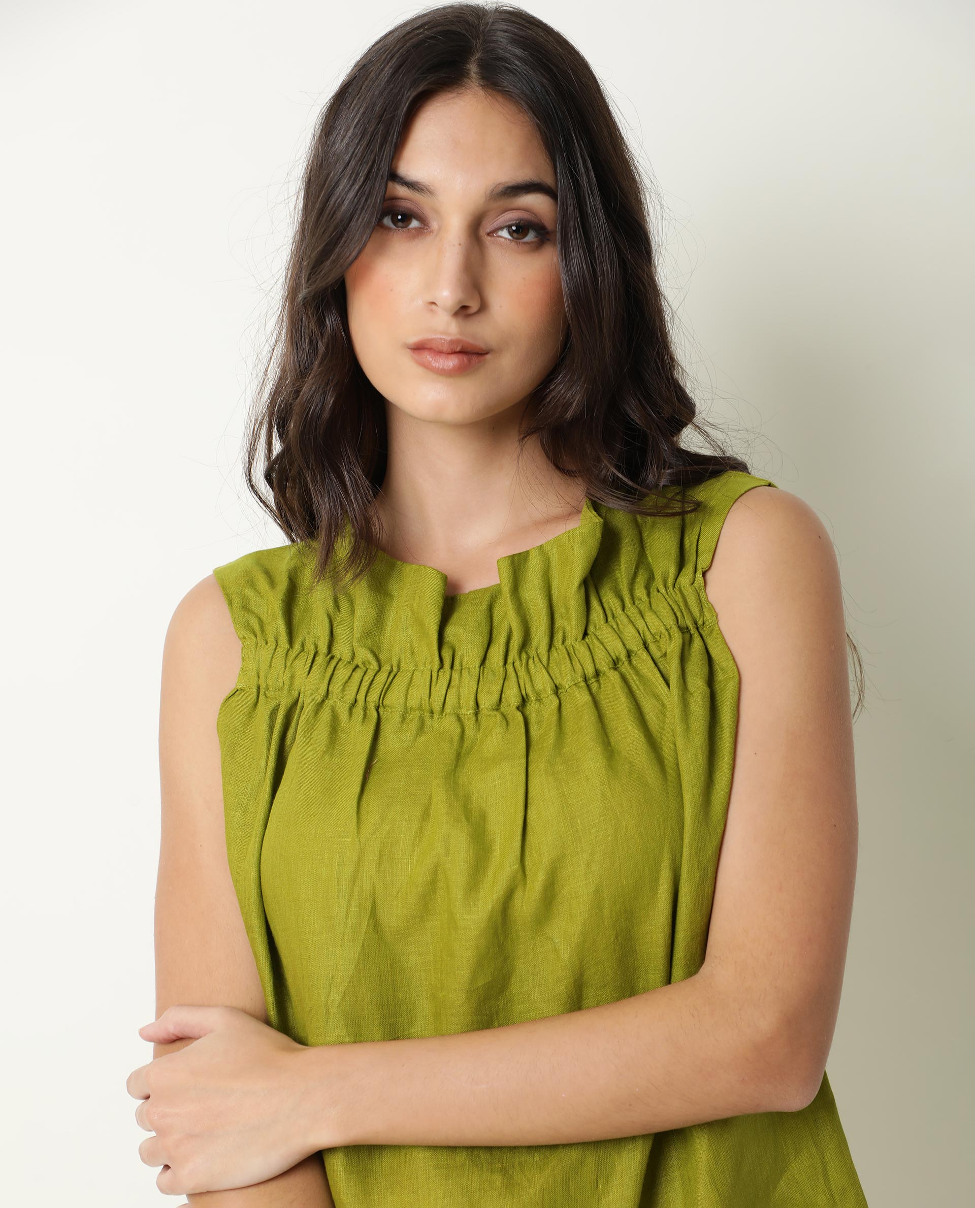 Rareism Womens Flash Green Top Cotton Linen Fabric Regular Fit Sleeveless Ruffled Neck