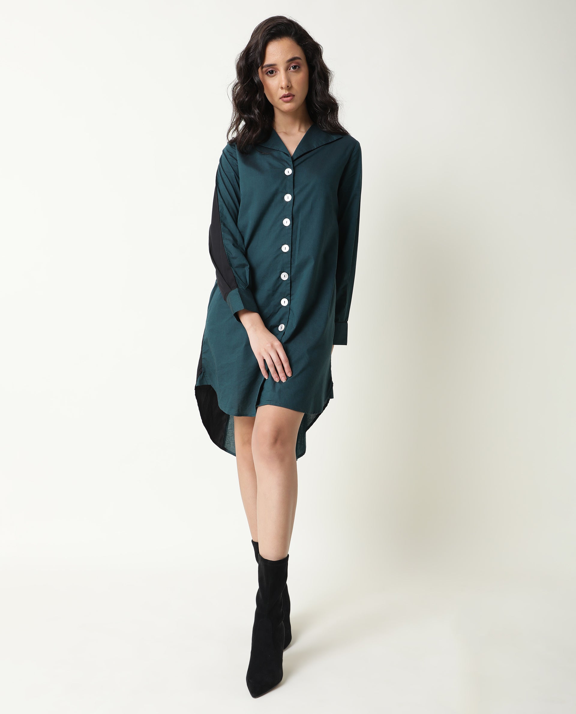 Rareism Women's Tally Petrol V-Neck Plain Knee Length Regular Fit Dress