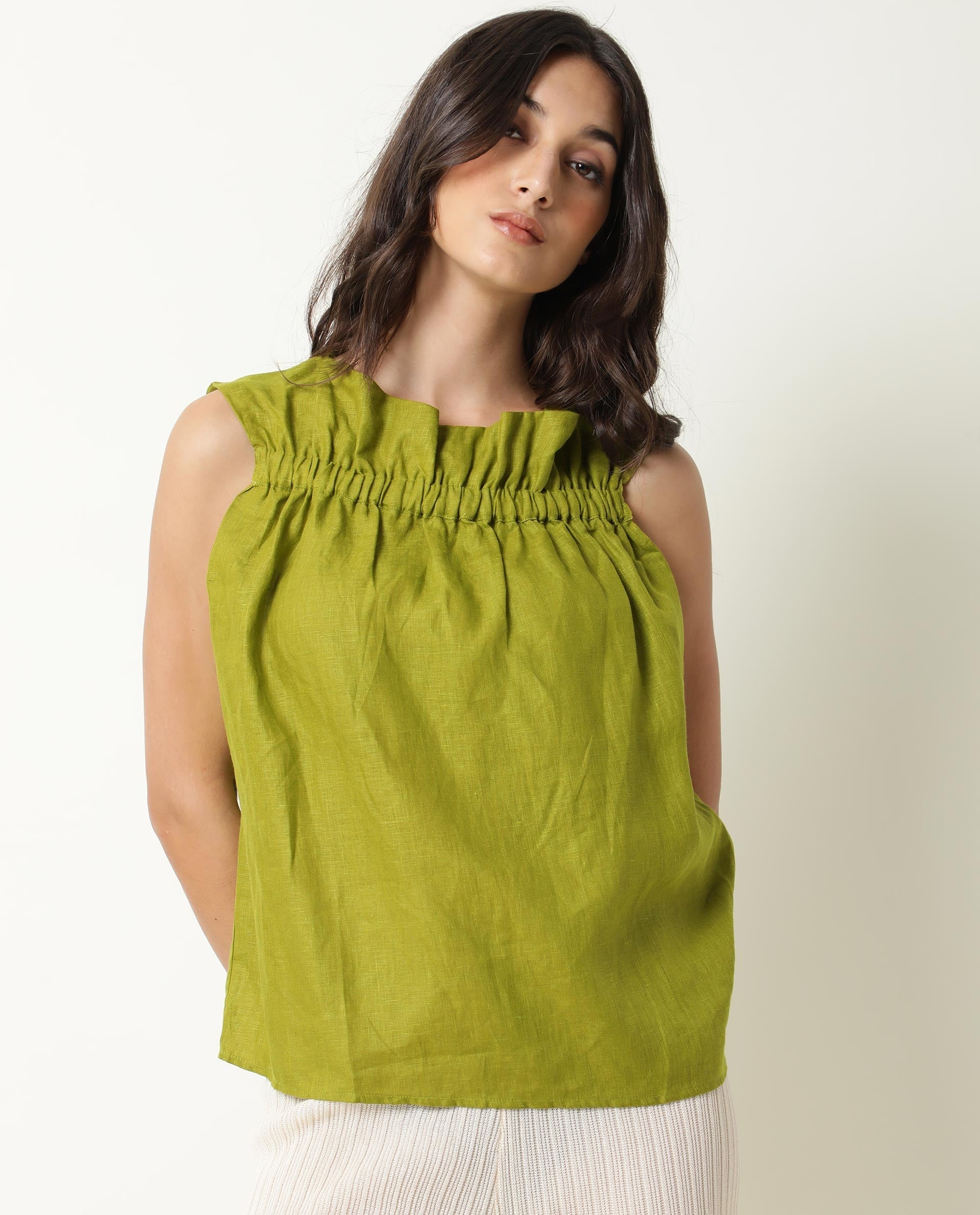 Rareism Womens Flash Green Top Cotton Linen Fabric Regular Fit Sleeveless Ruffled Neck