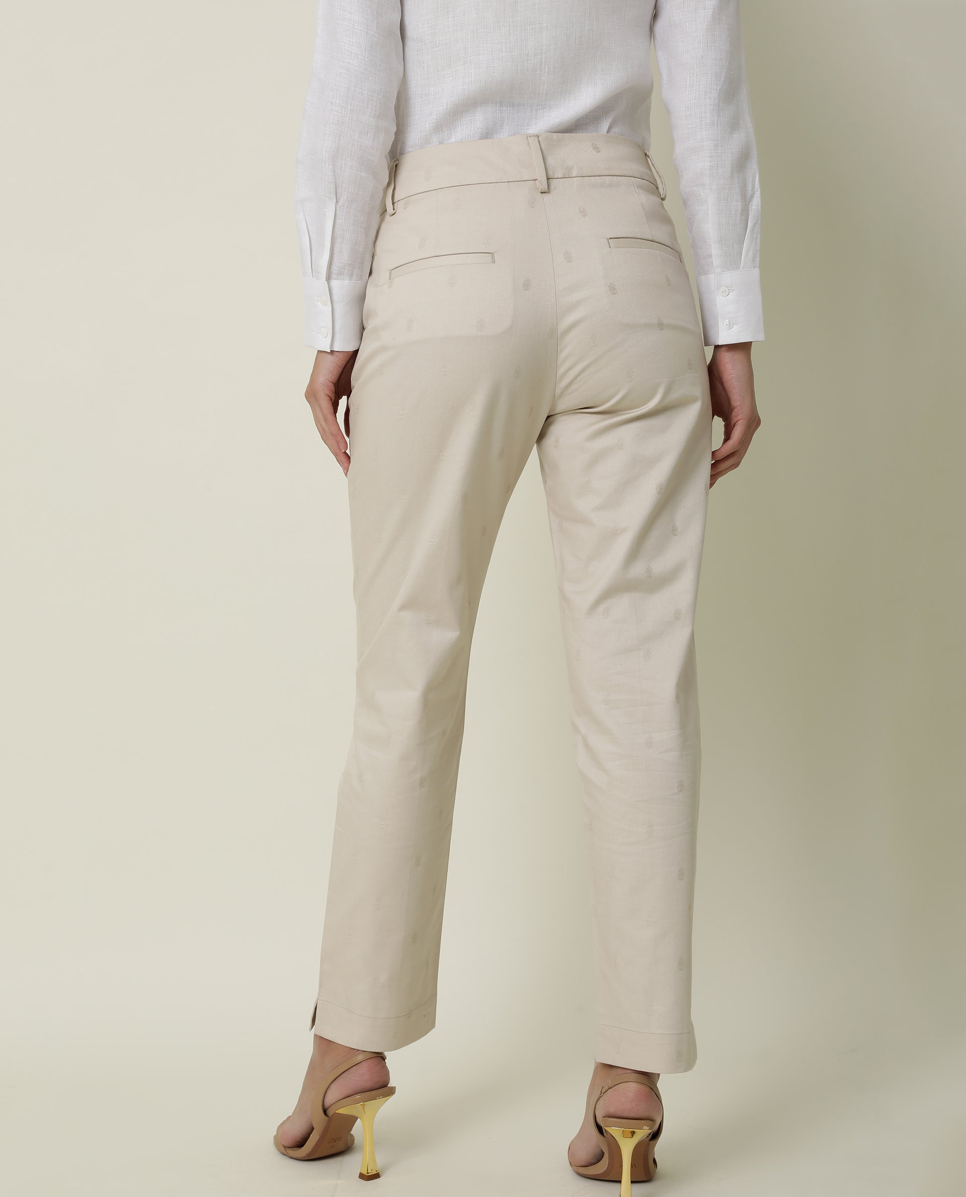 Rareism Women Odyssey Beige Viscose Fabric Tailored Fit High Rise Solid Ankle Length Trousers