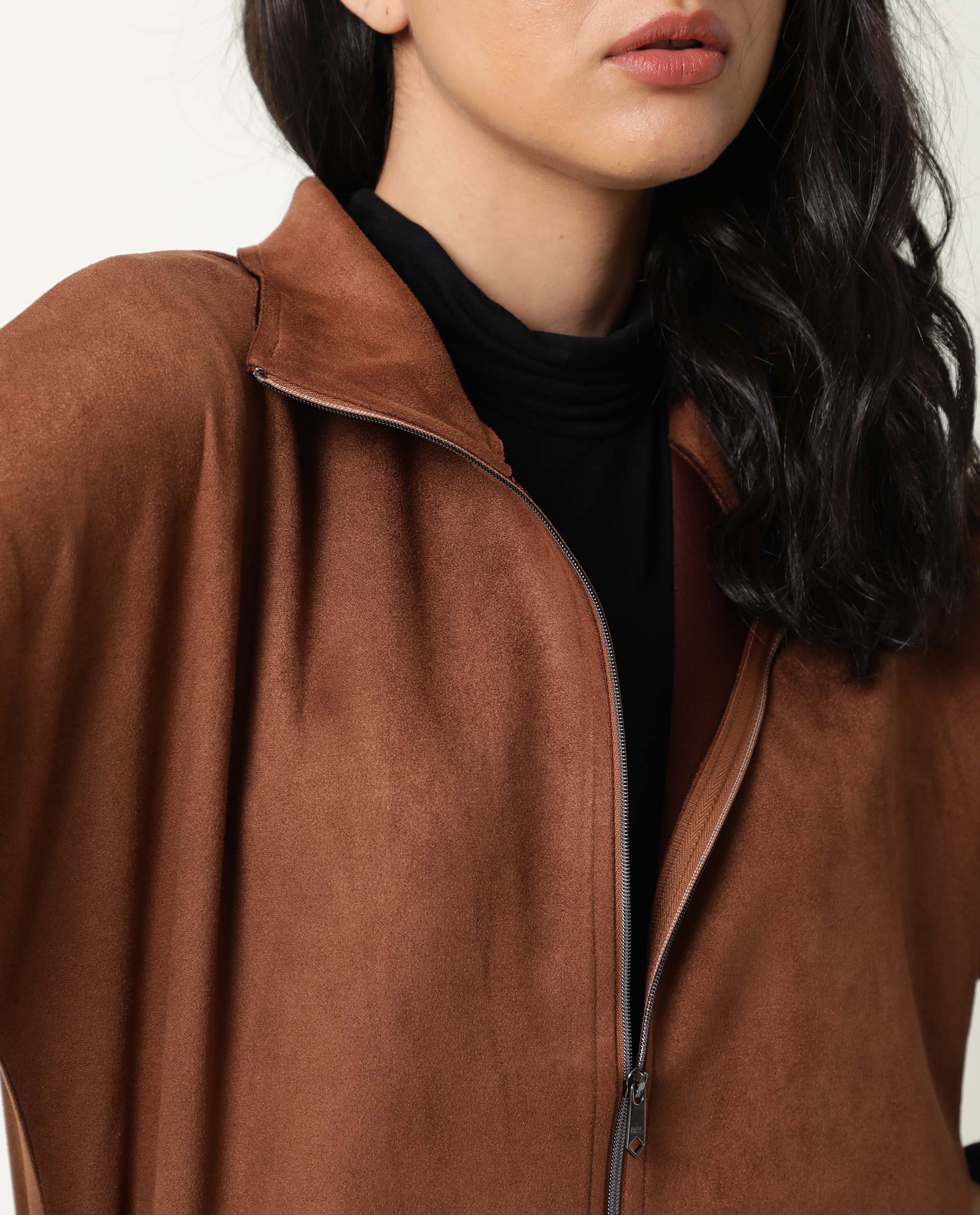 Rareism Women Vasu Brown Polyester Fabric Full Sleeves Solid Collared Neck Jacket
