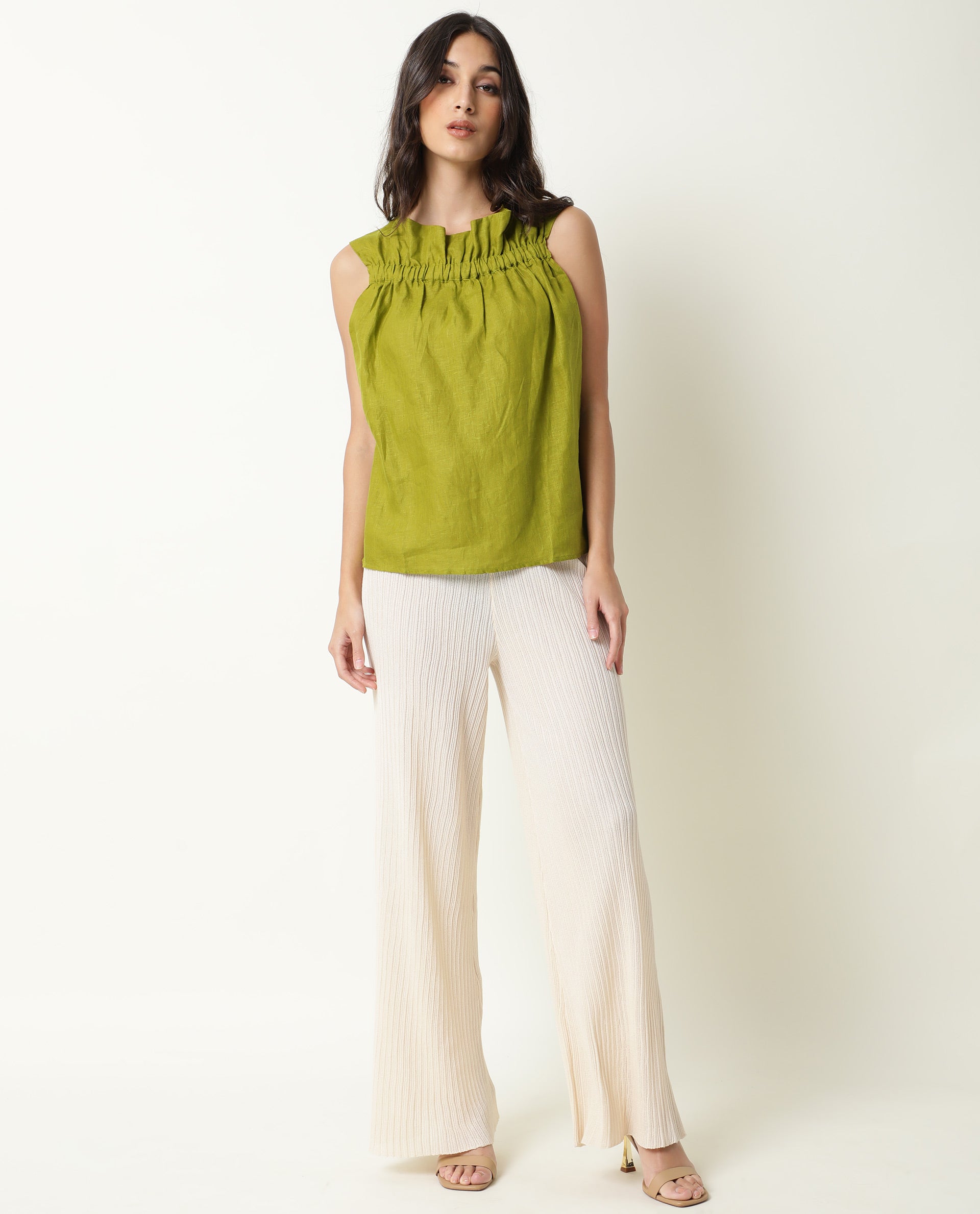 Rareism Womens Flash Green Top Cotton Linen Fabric Regular Fit Sleeveless Ruffled Neck
