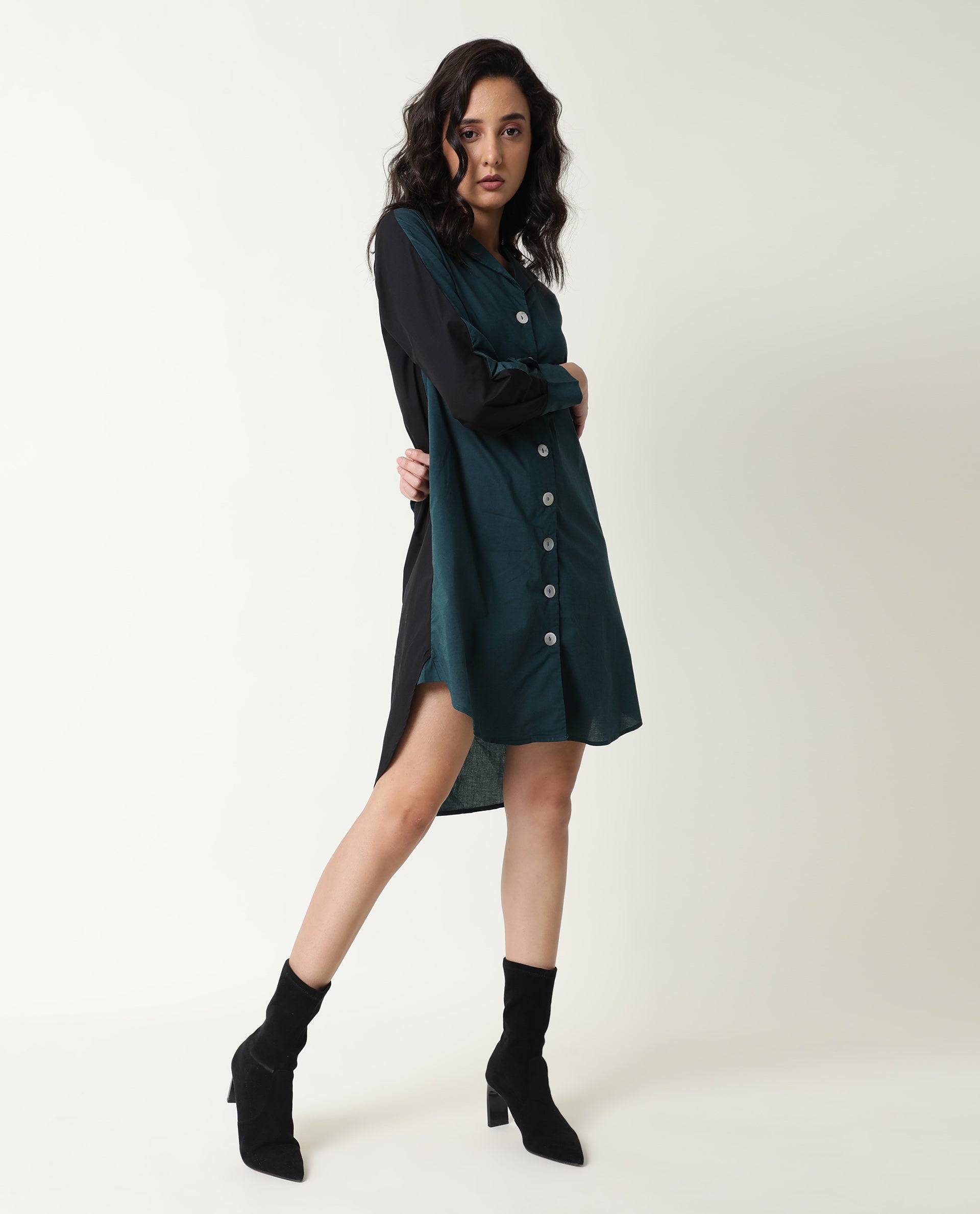 Rareism Women's Tally Petrol V-Neck Plain Knee Length Regular Fit Dress