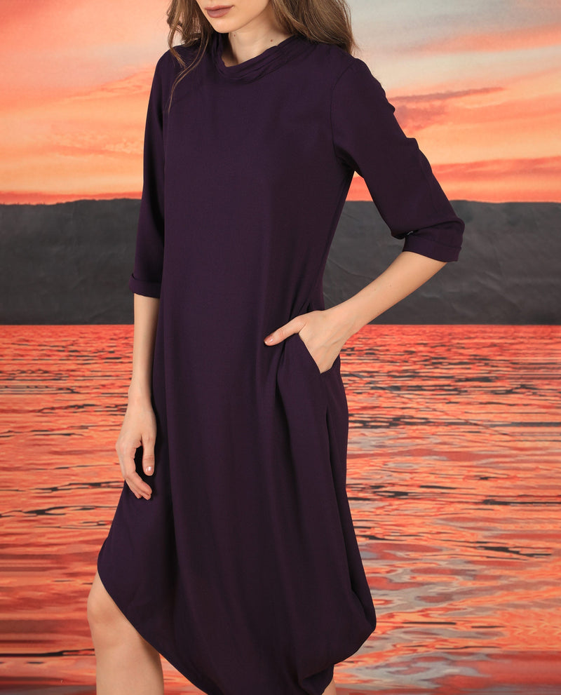 Rareism Women Sullivan Purple High Neck 3/4 Sleeves With Back Zip Closure And Pockets Asymmetric High Low Midi Dress