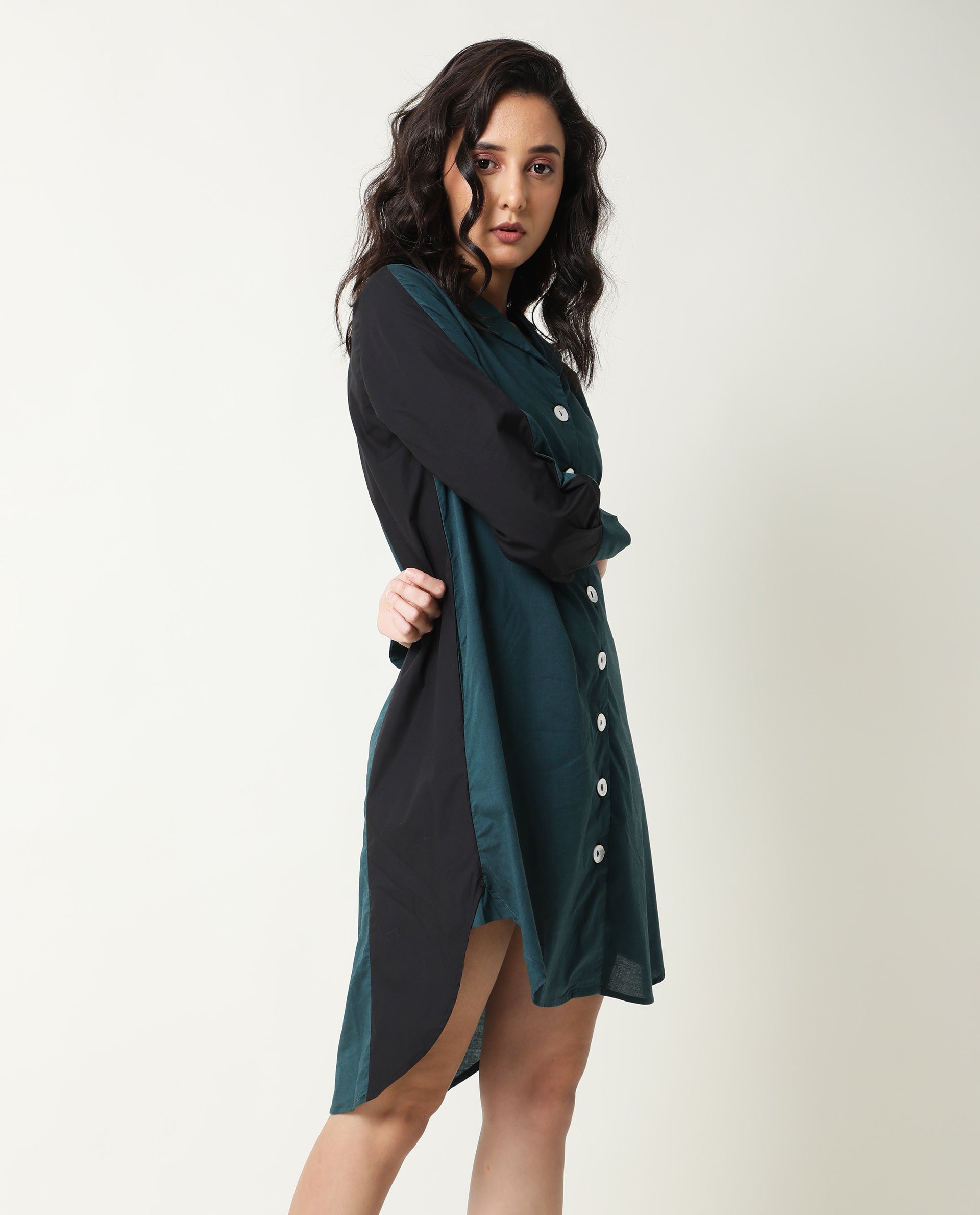 Rareism Women's Tally Petrol V-Neck Plain Knee Length Regular Fit Dress