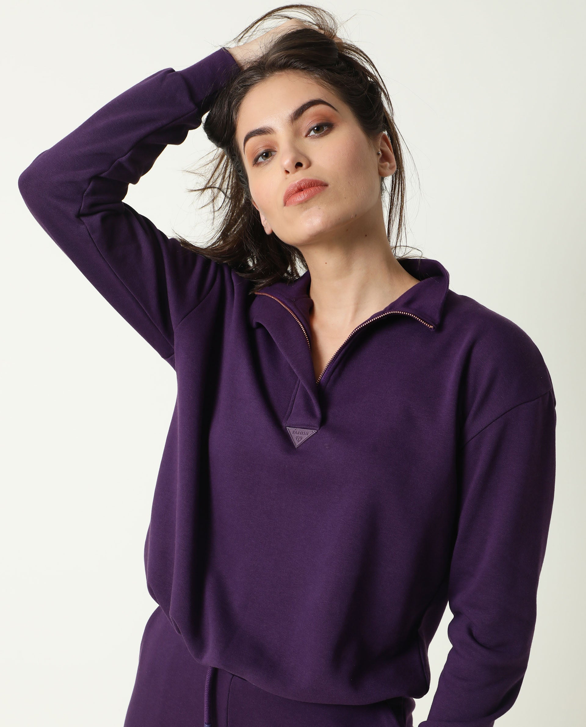 Rareism Women Aldrich Purple Poly Cotton Fabric Regular Fit Full Sleeves Solid High Neck Sweatshirt