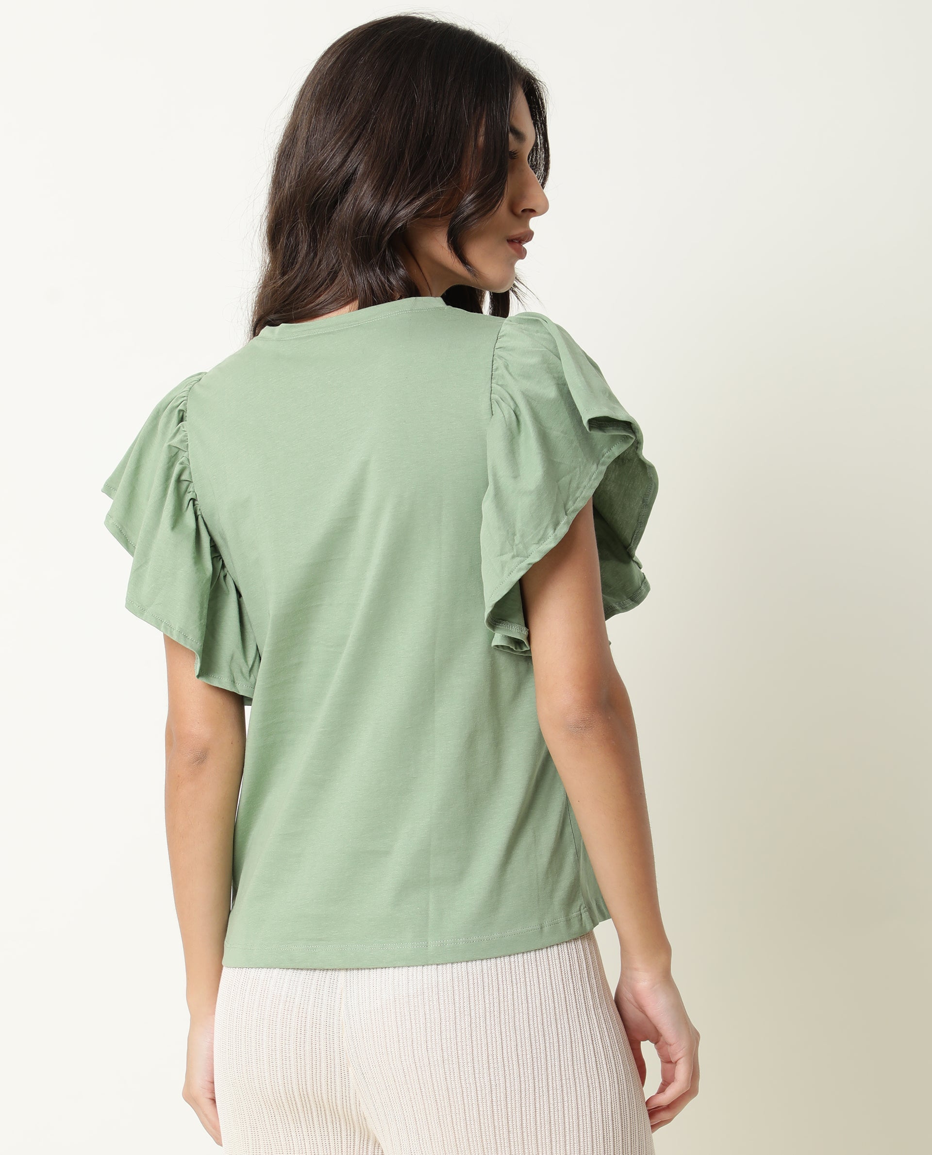 Rareism Womens Yatch Green Top Cotton Fabric Regular Fit Ruffled Sleeves Crew Neck