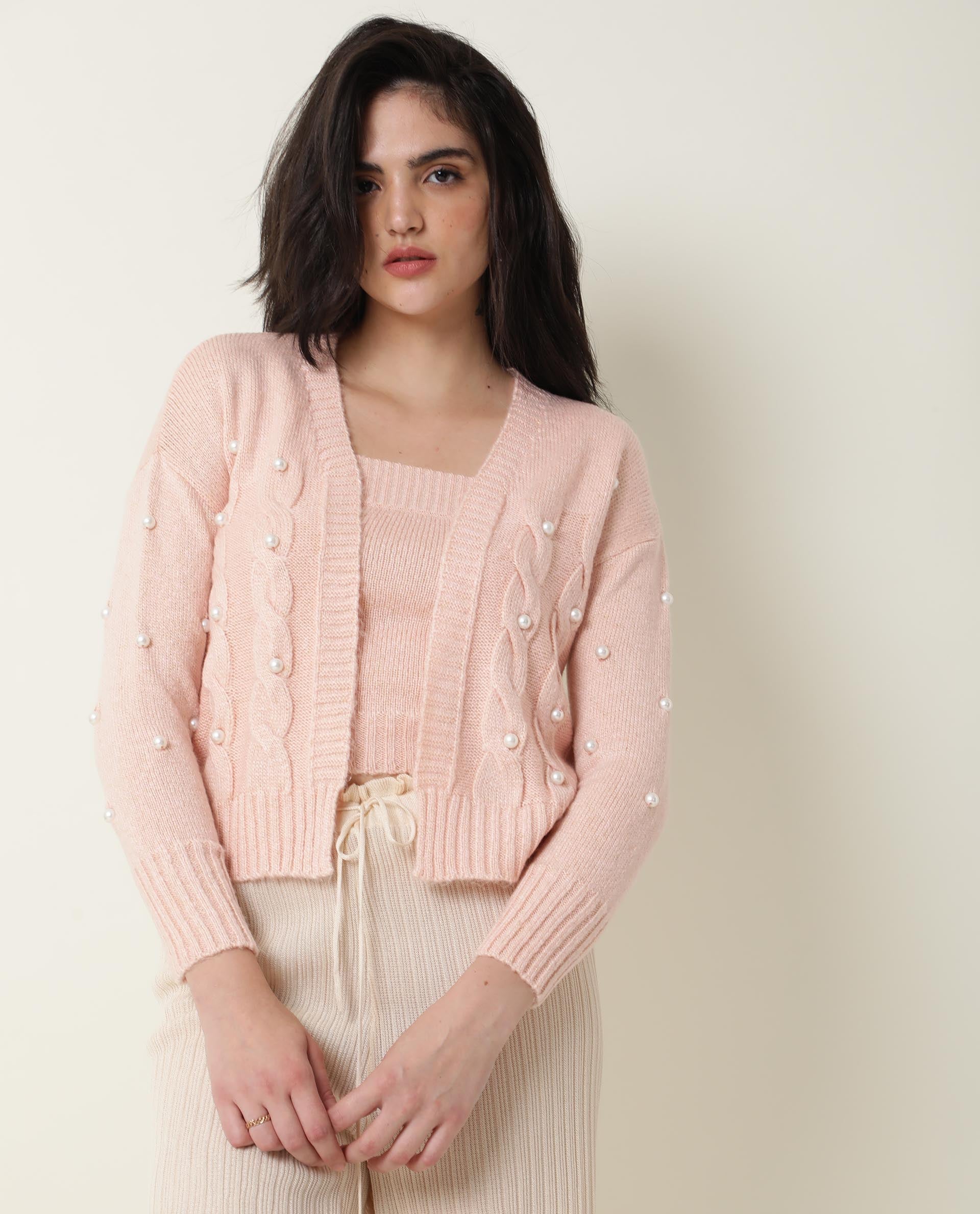 Rareism Women Tunnel Light Pink Viscose Fabric Full Sleeves Regular Fit Solid Collarless Sweater