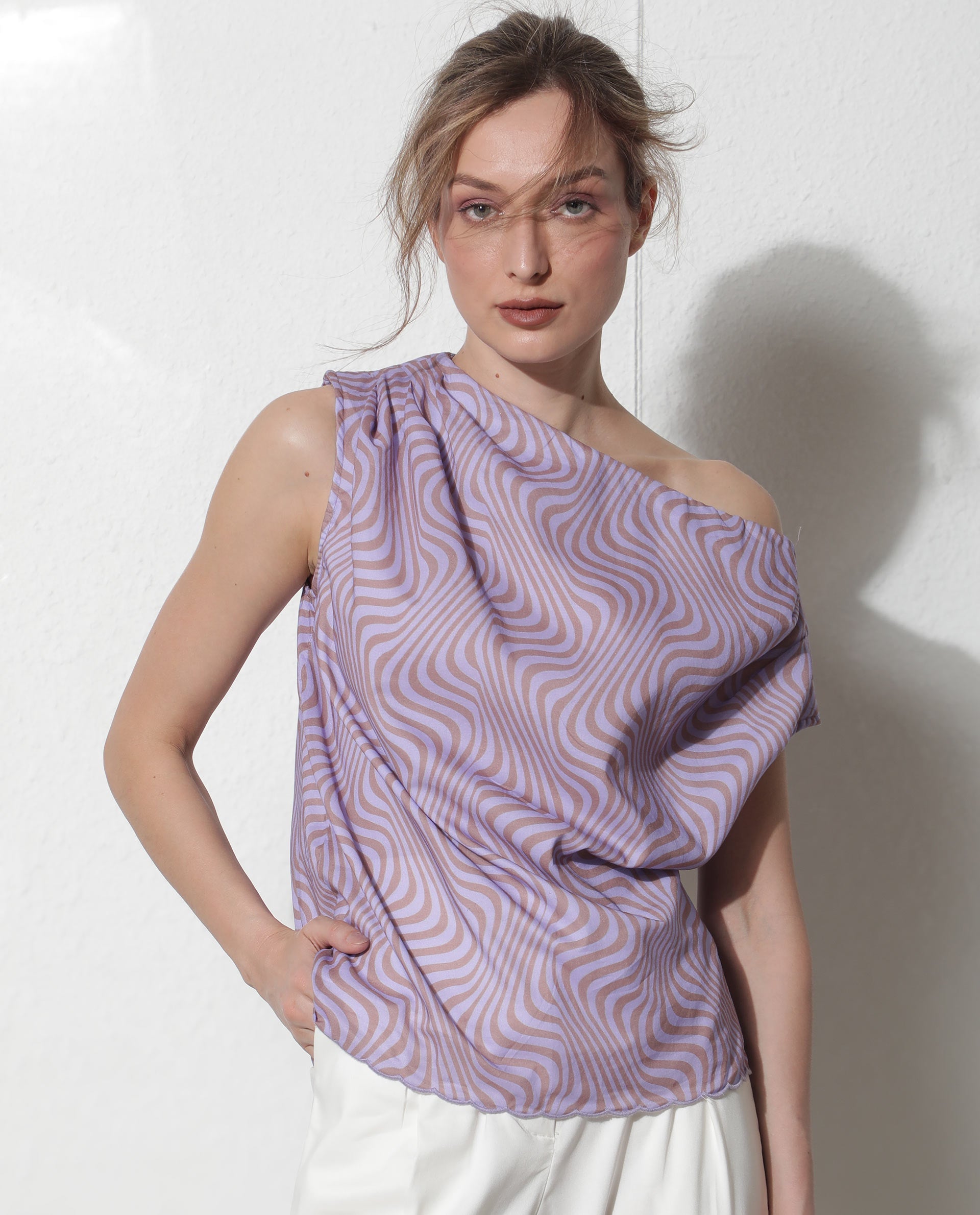 Rareism Women Milio Purple Cotton Fabric Regular Fit Tube Neck Geometric Print Top