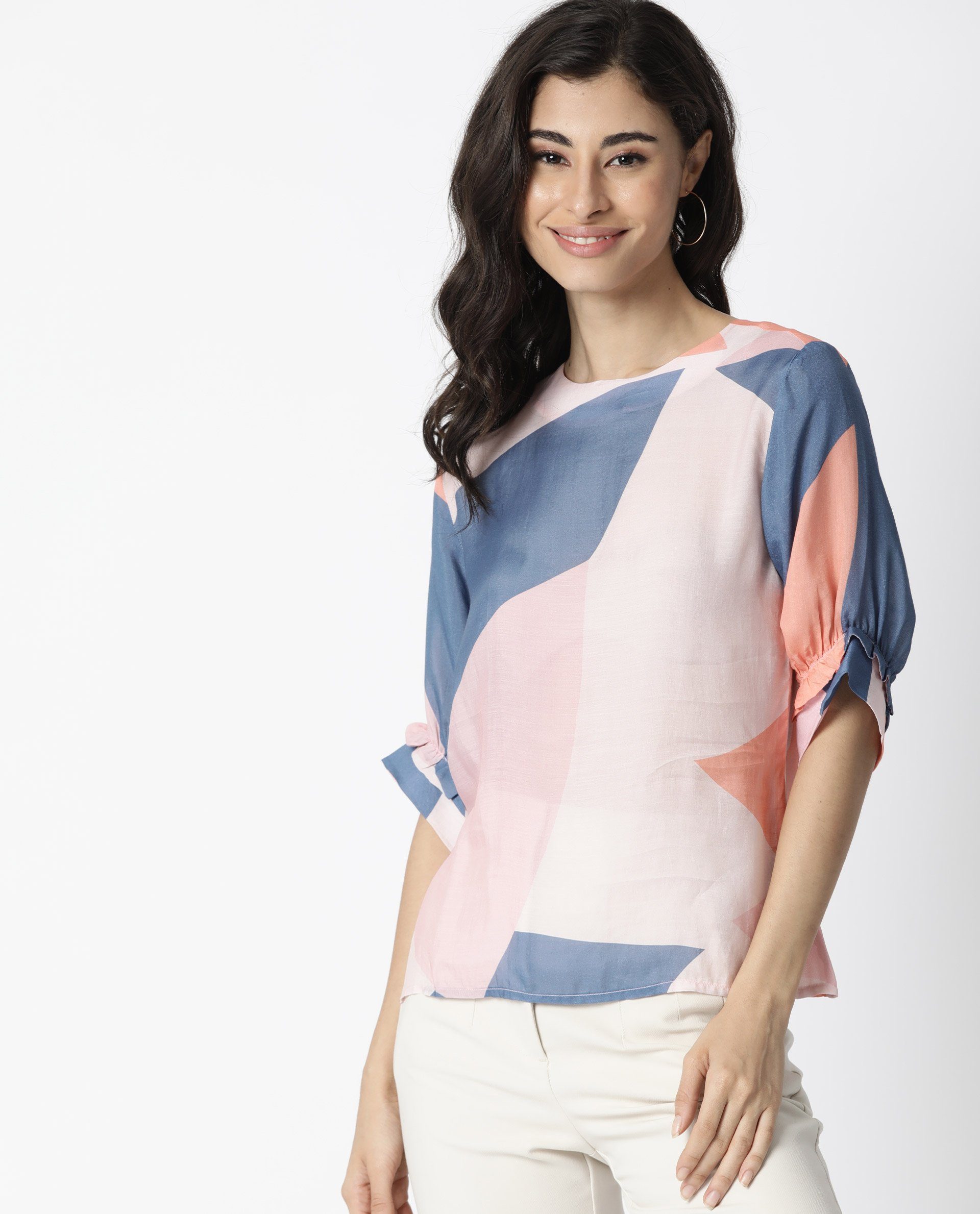 Rareism Women Kite Peach Top Short Sleeves Printed