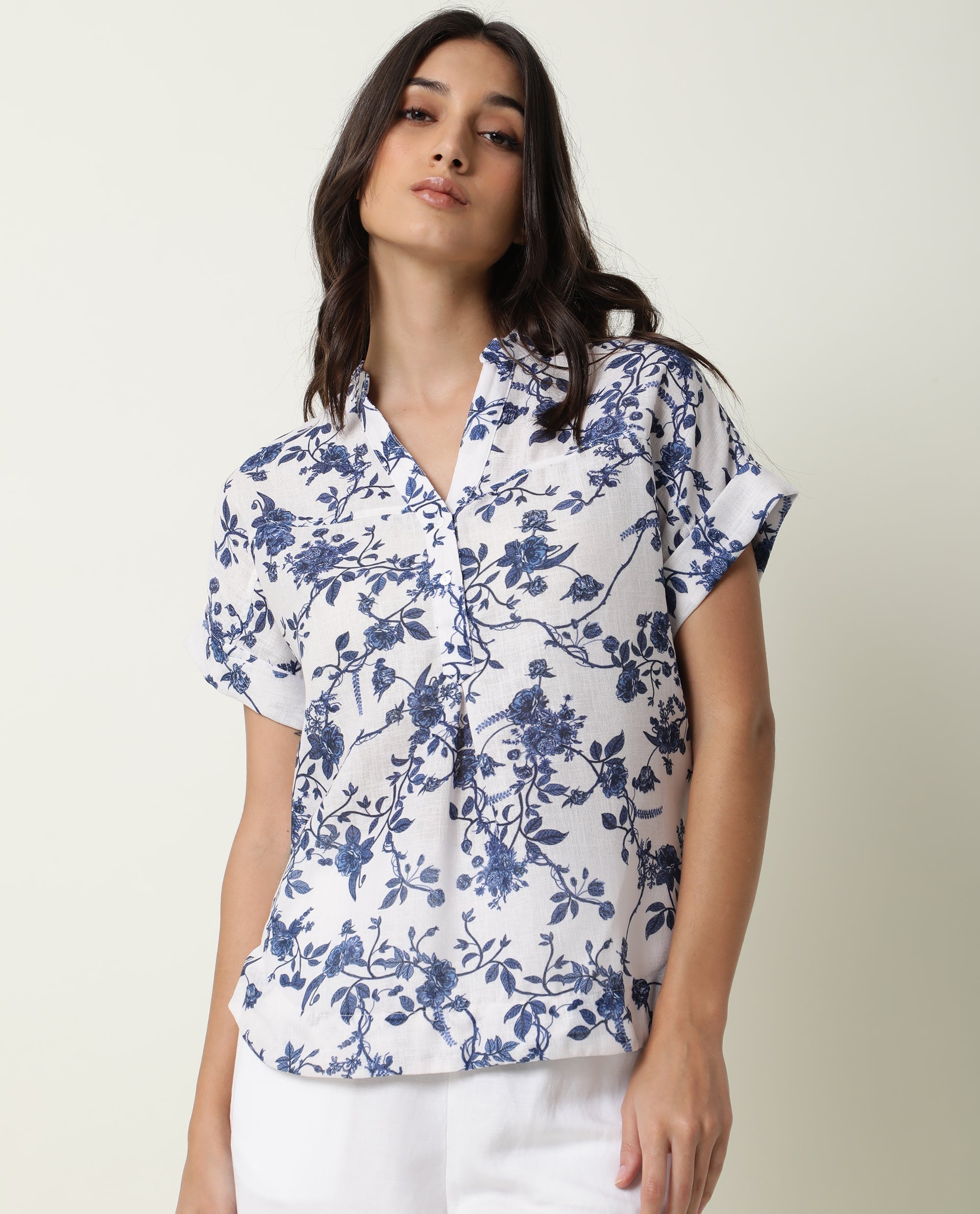 Rareism Womens Infinite White Top Boxy Fit Short Top Cotton Fabric Collared Neck