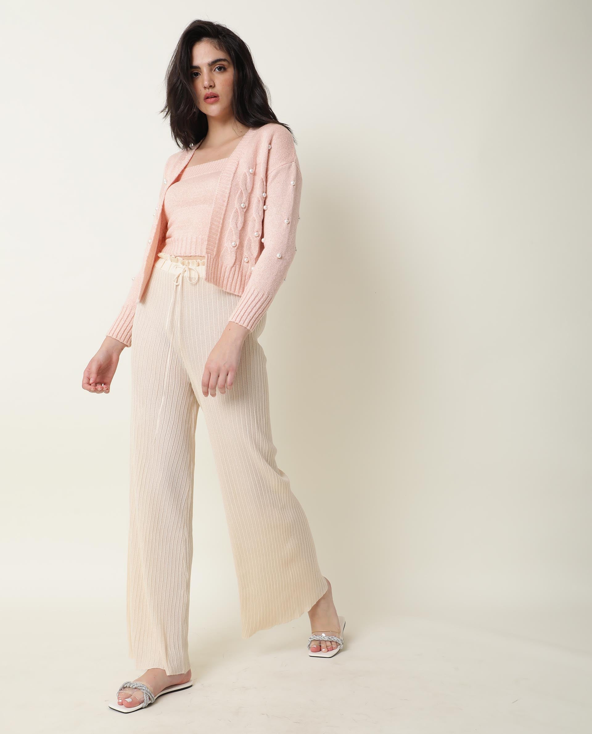 Rareism Women Tunnel Light Pink Viscose Fabric Full Sleeves Regular Fit Solid Collarless Sweater