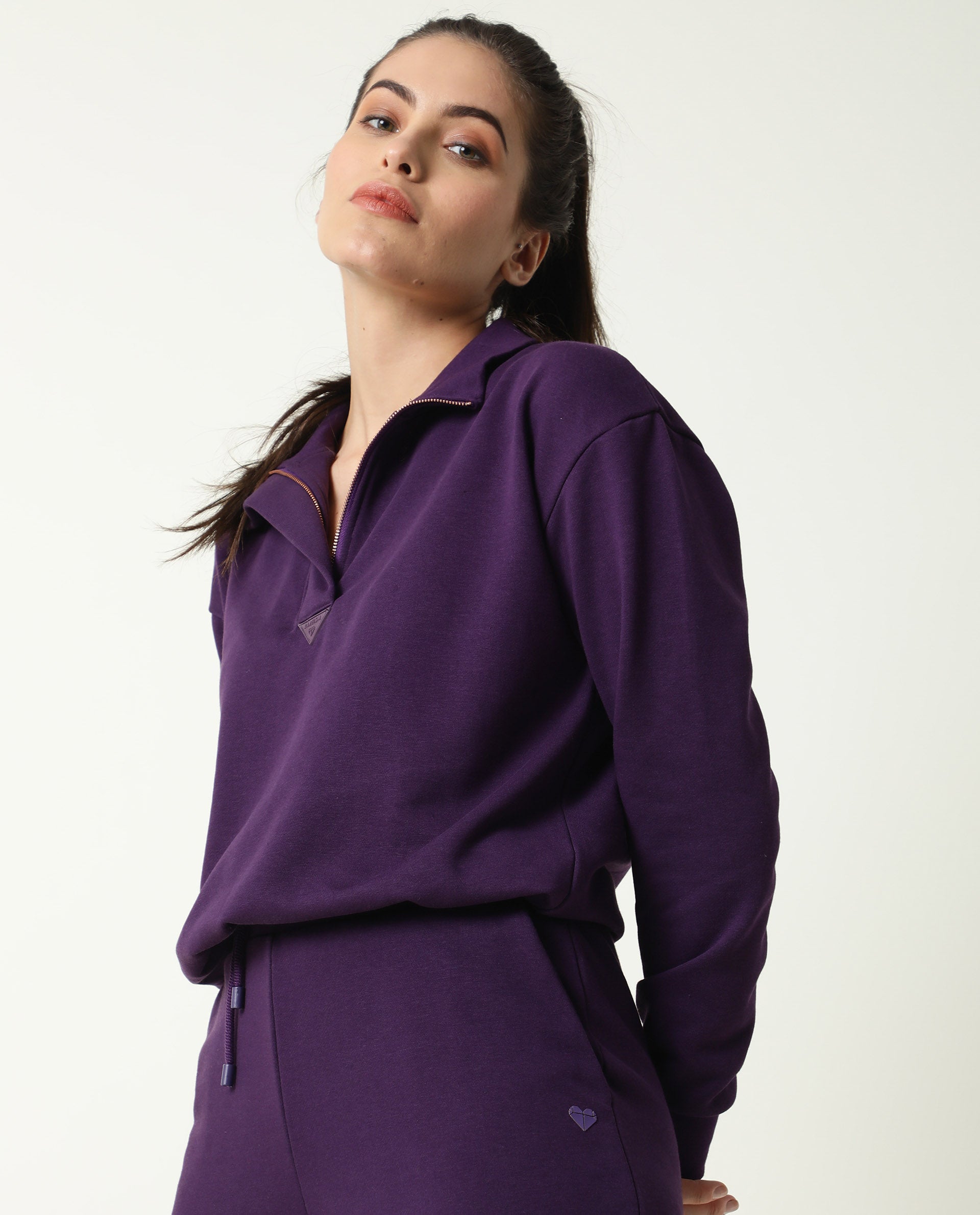 Rareism Women Aldrich Purple Poly Cotton Fabric Regular Fit Full Sleeves Solid High Neck Sweatshirt