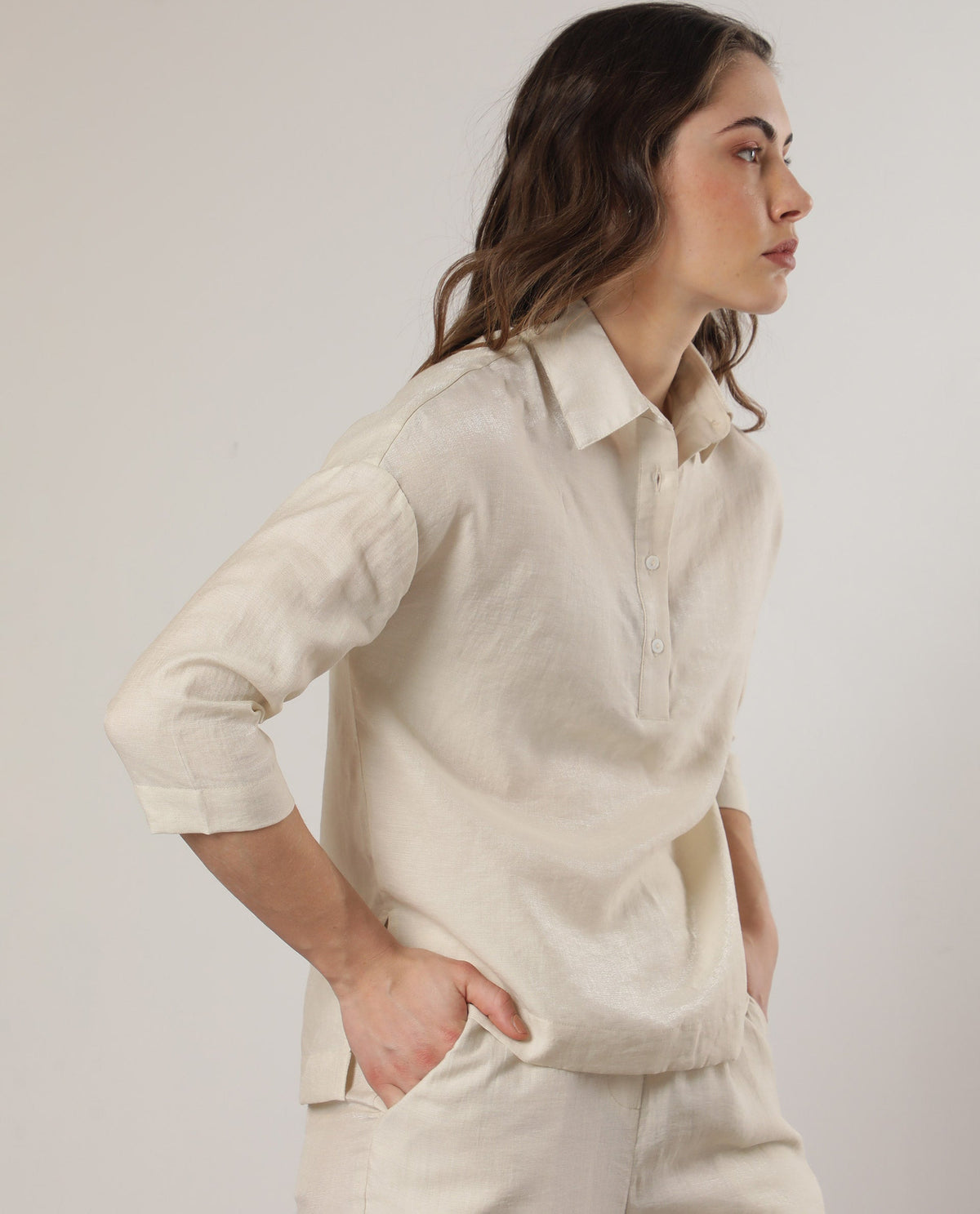 Rareism Women Velynn Beige Polyester Fabric Regular Fit Shirt Collar 3/4Th Sleeves Solid Top