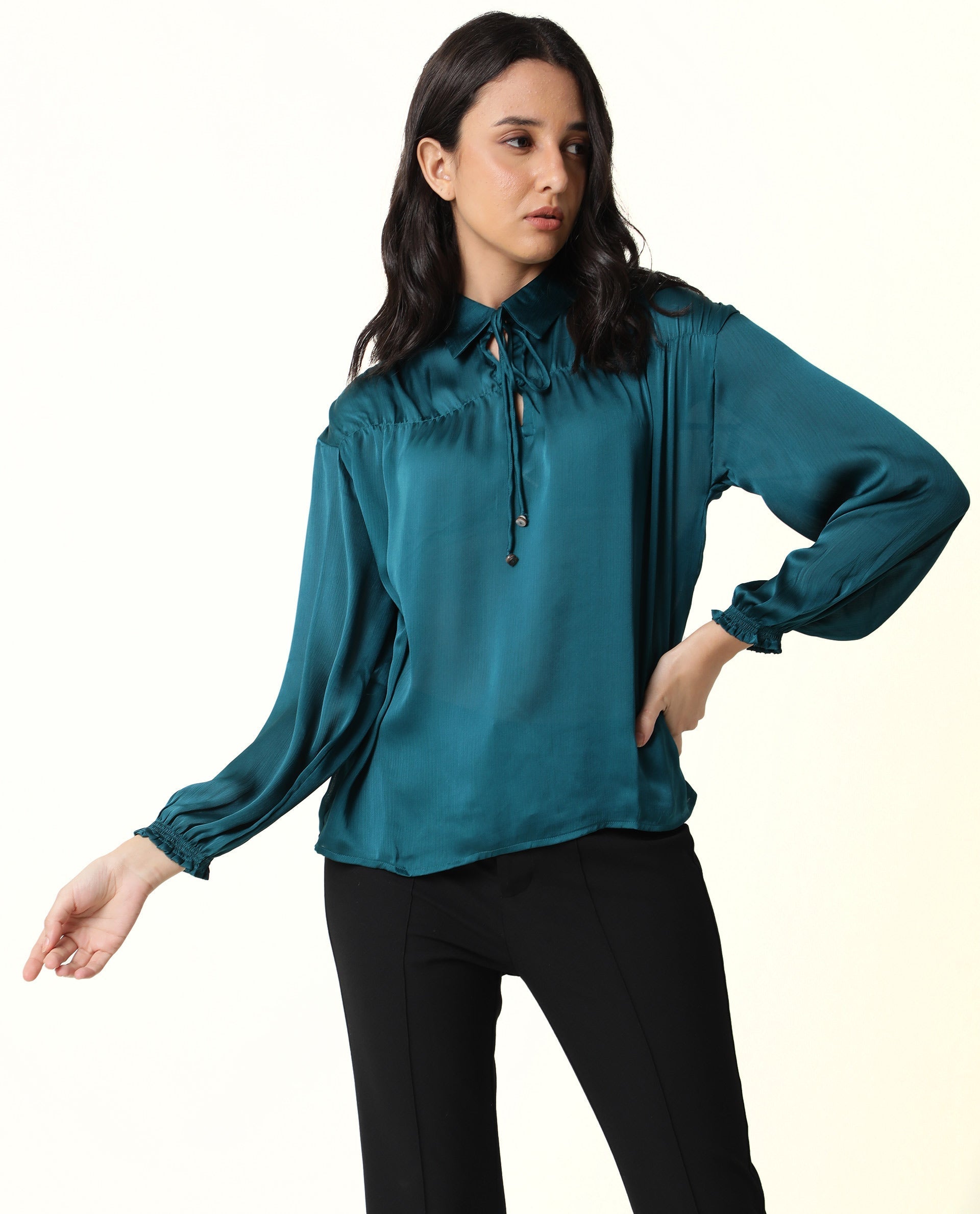 Rareism Womens Leaf Petrol Top Polyester Fabric Regular Fit Puff Sleeves V Neck