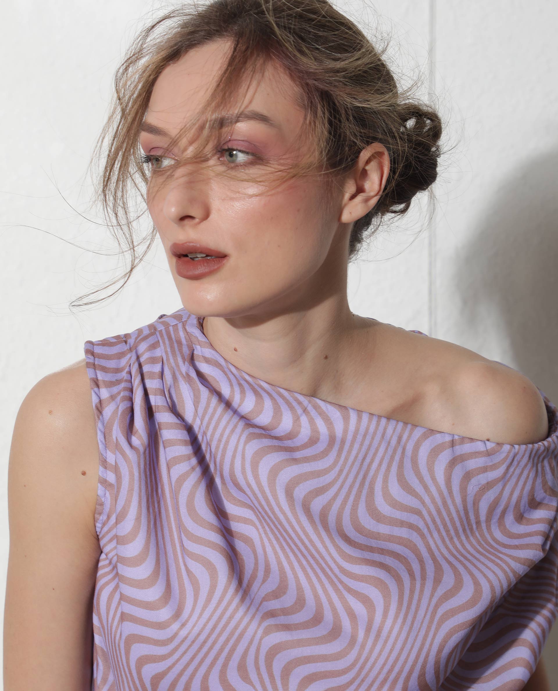 Rareism Women Milio Purple Cotton Fabric Regular Fit Tube Neck Geometric Print Top