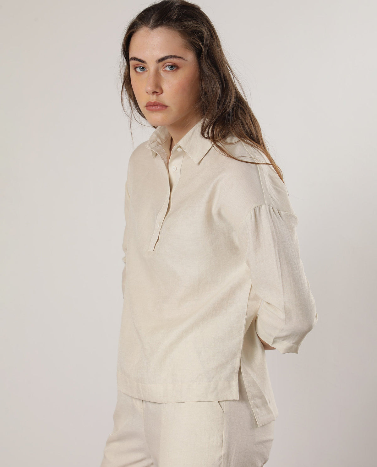 Rareism Women Velynn Beige Polyester Fabric Regular Fit Shirt Collar 3/4Th Sleeves Solid Top