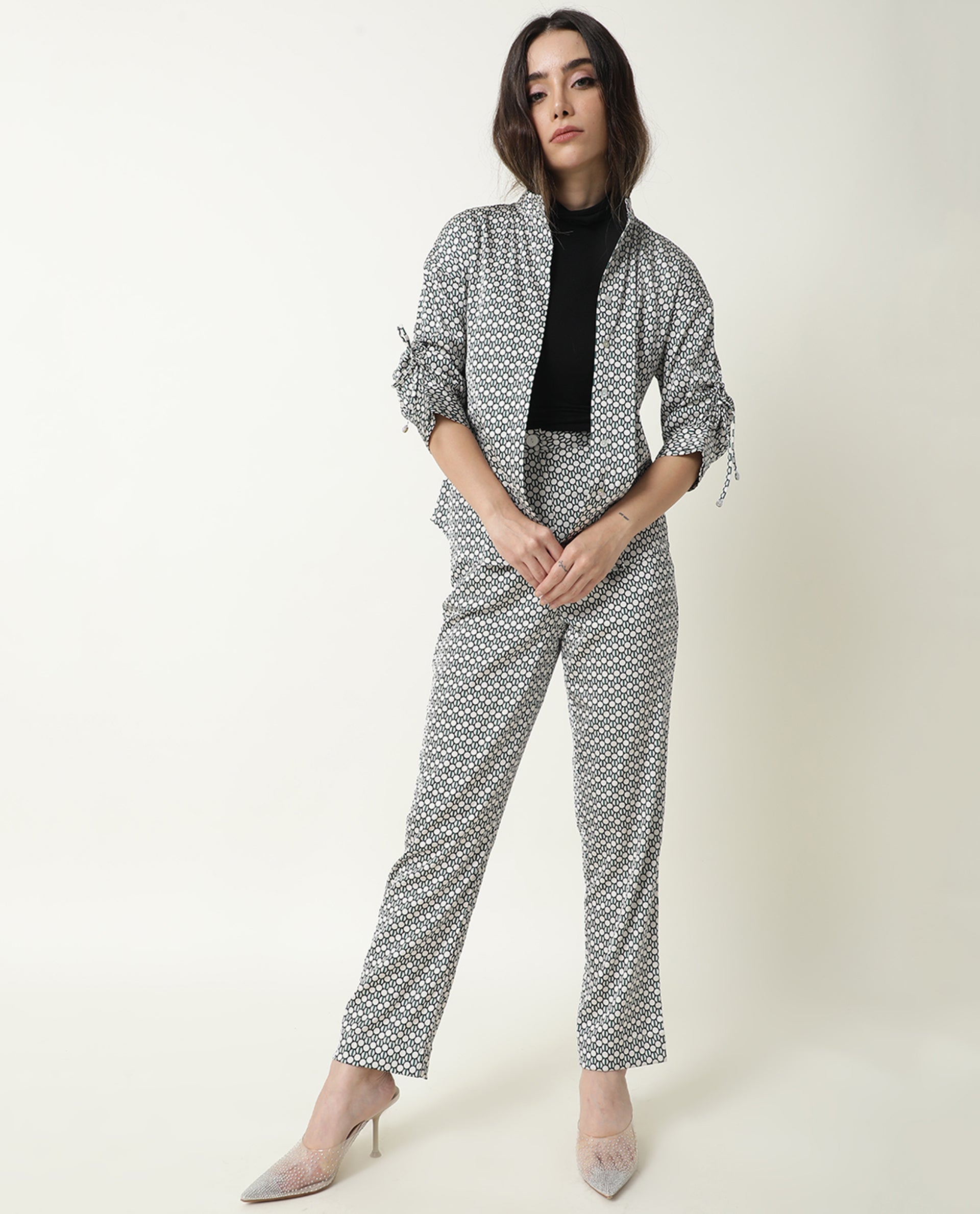 Rareism Women Malani Beige Modal Fabric Tailored Fit Mid Rise Geometric Print Ankle Length Trousers