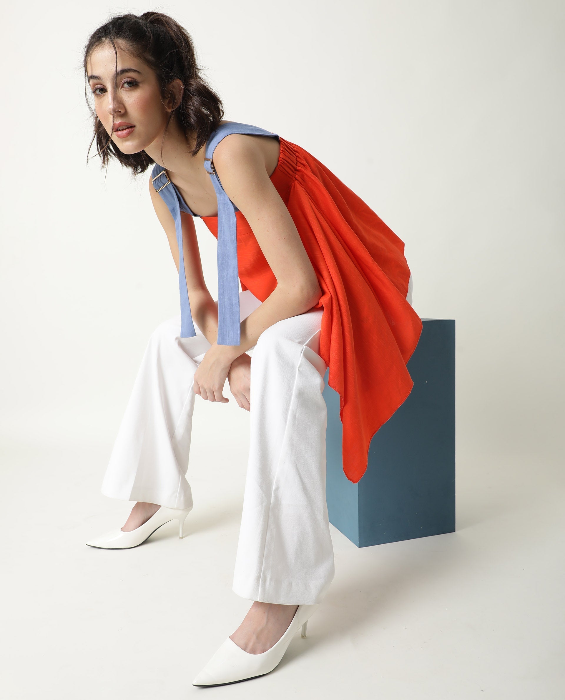 Rareism Womens Cronicle Blue Top Cotton Linen Fabric Regular Fit Sleeveless Square Neck