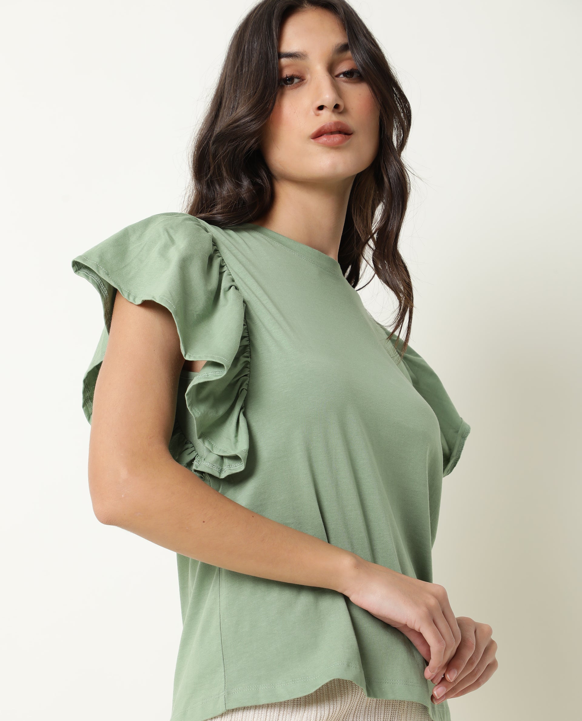 Rareism Womens Yatch Green Top Cotton Fabric Regular Fit Ruffled Sleeves Crew Neck