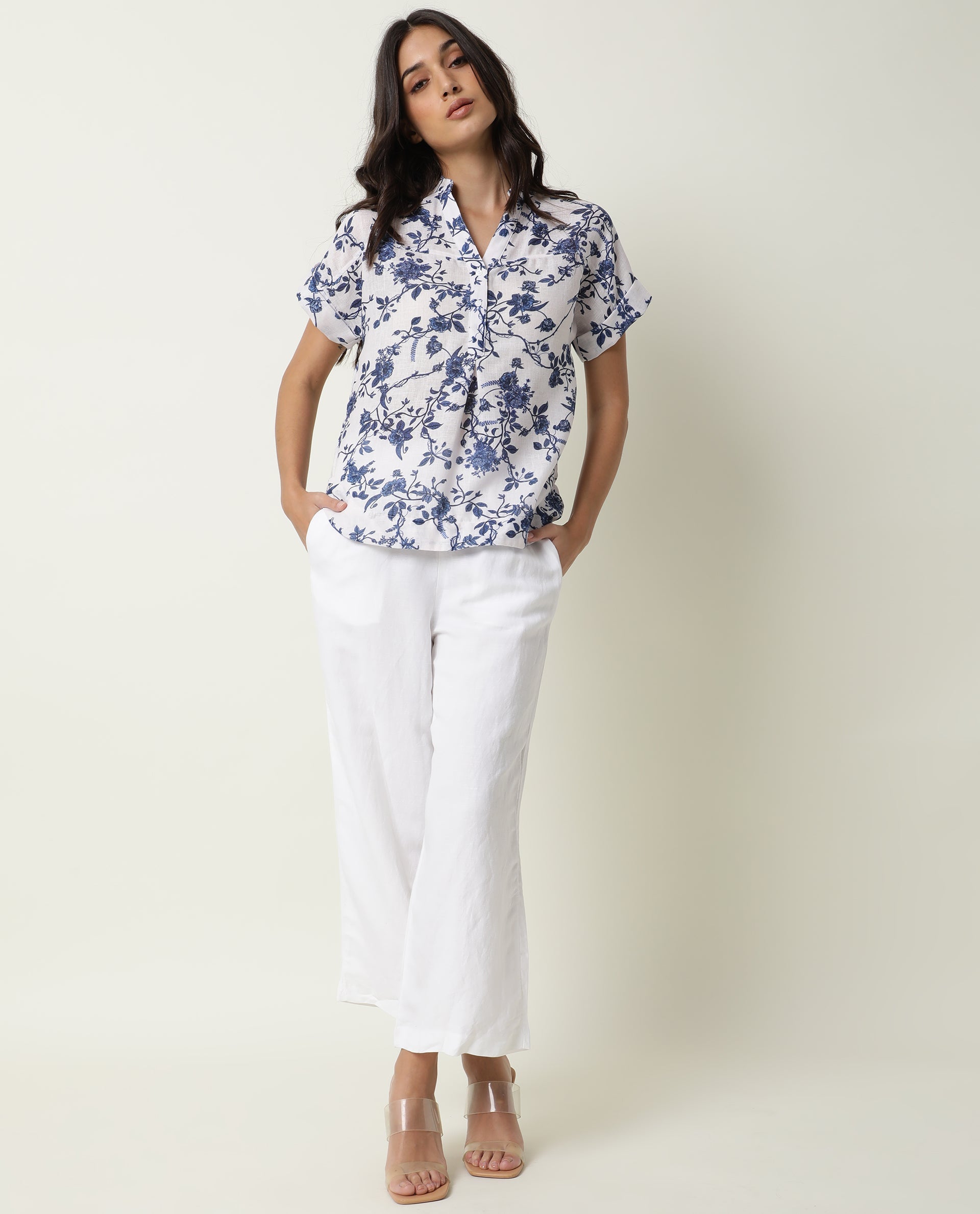 Rareism Womens Infinite White Top Boxy Fit Short Top Cotton Fabric Collared Neck