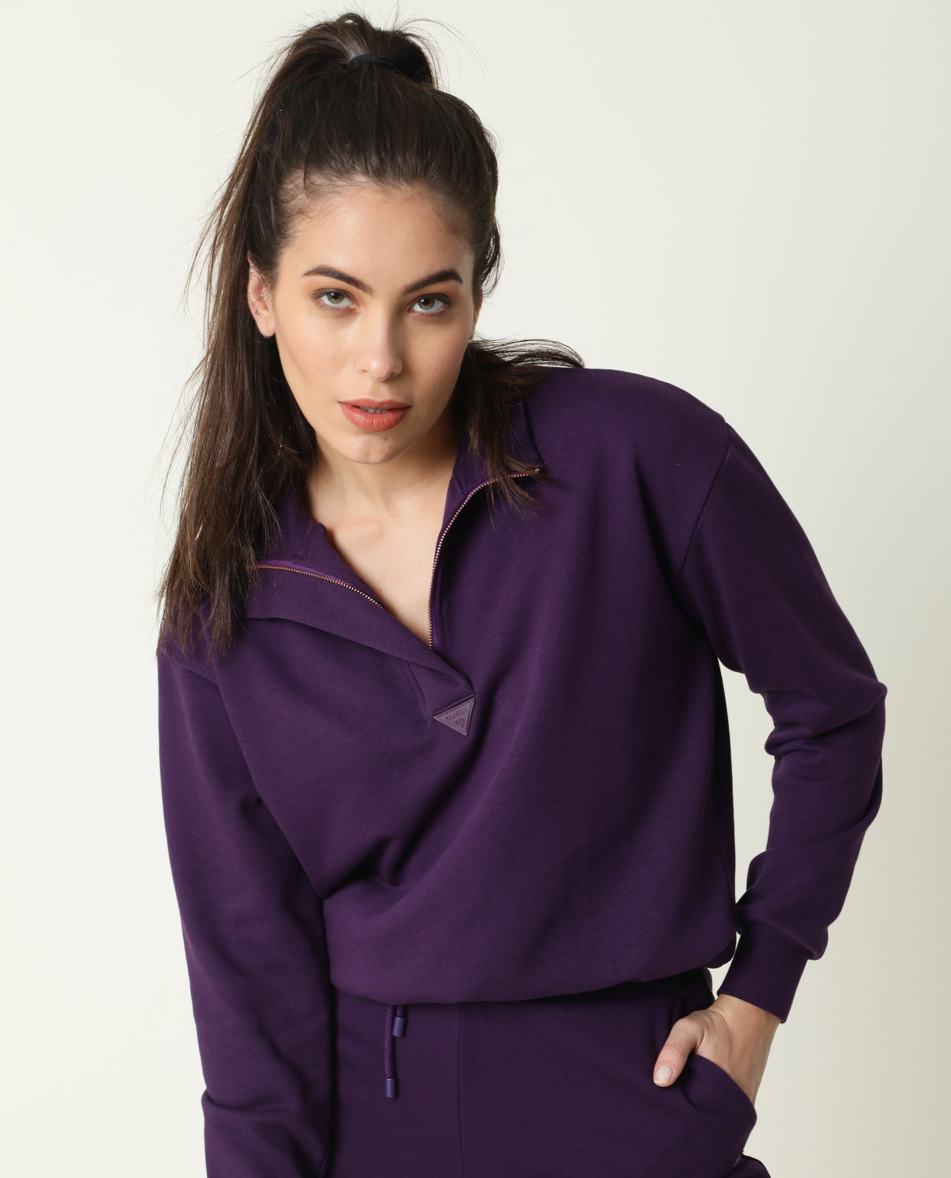 Rareism Women Aldrich Purple Poly Cotton Fabric Regular Fit Full Sleeves Solid High Neck Sweatshirt