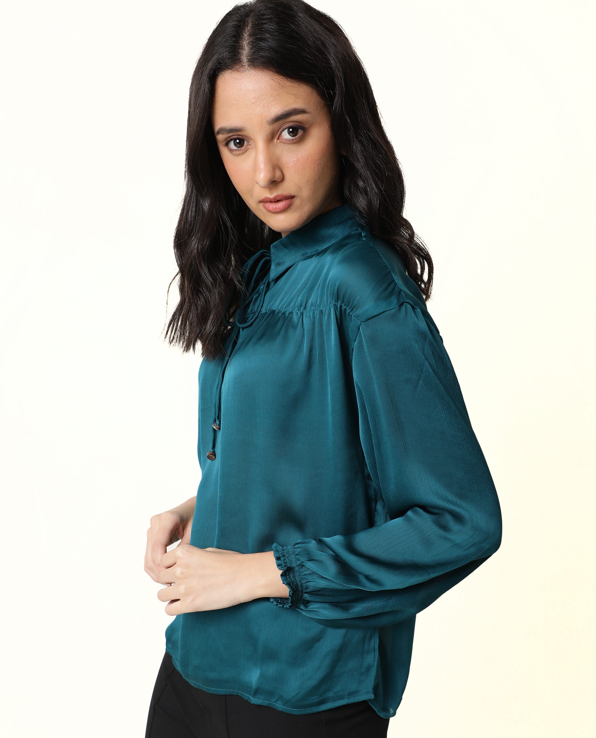 Rareism Womens Leaf Petrol Top Polyester Fabric Regular Fit Puff Sleeves V Neck