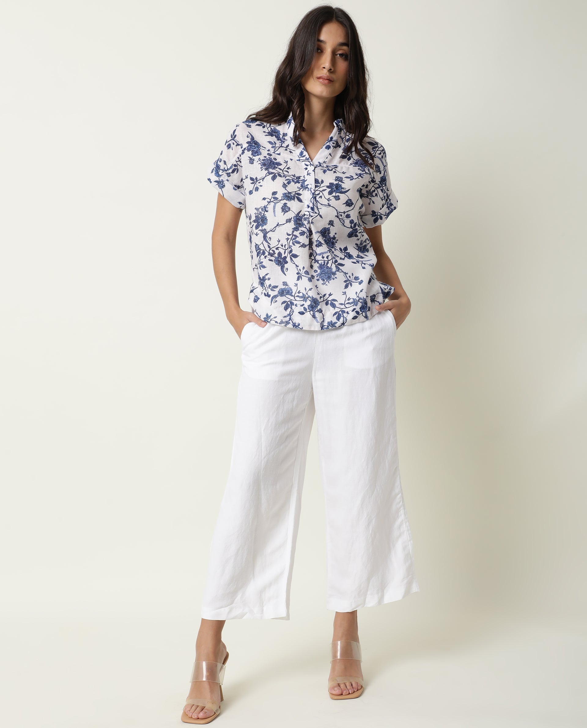 Rareism Womens Infinite White Top Boxy Fit Short Top Cotton Fabric Collared Neck