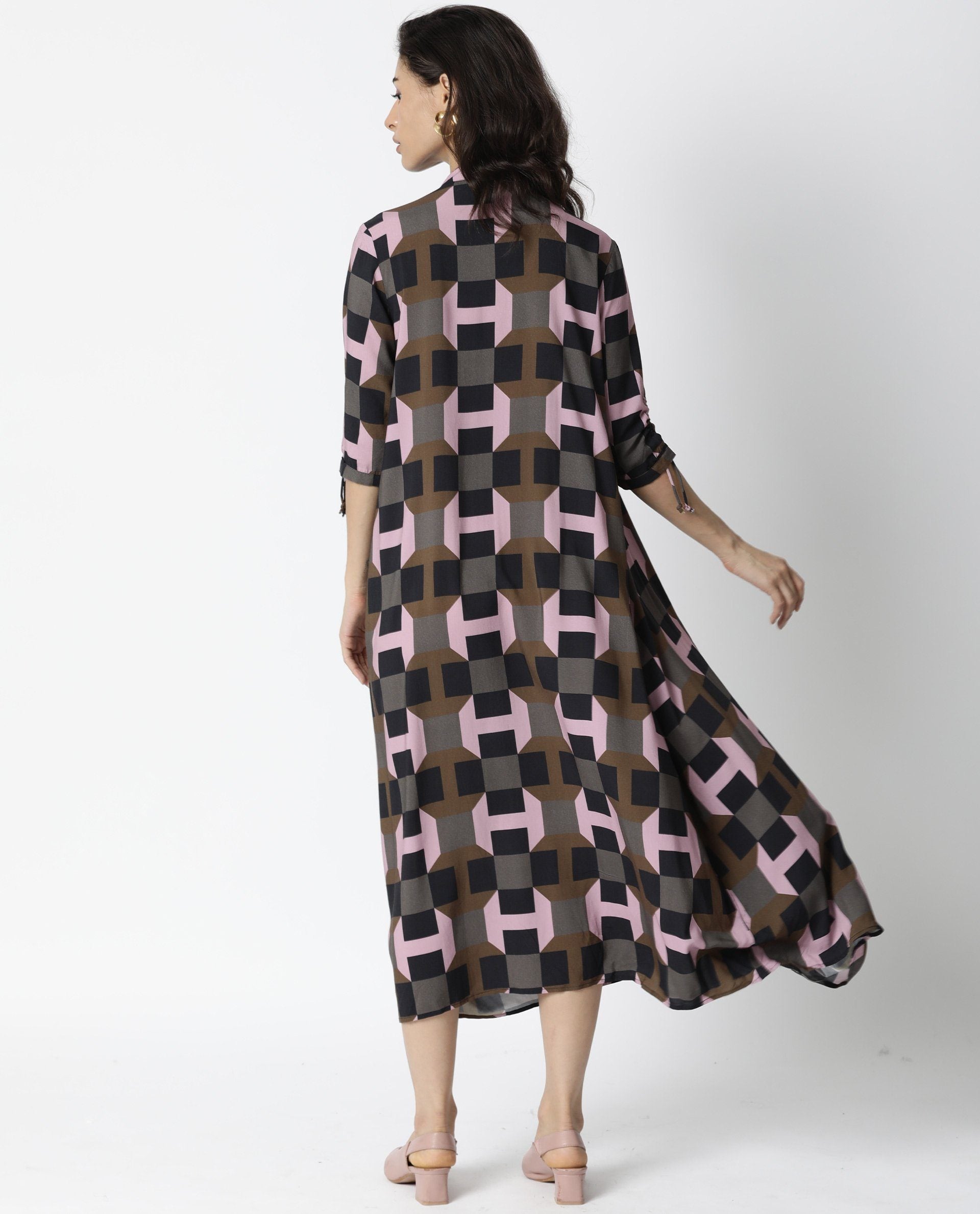 Rareism Womens Kreme Coffee Dress Boxy Fit Collar Neck A Line Half Sleeve